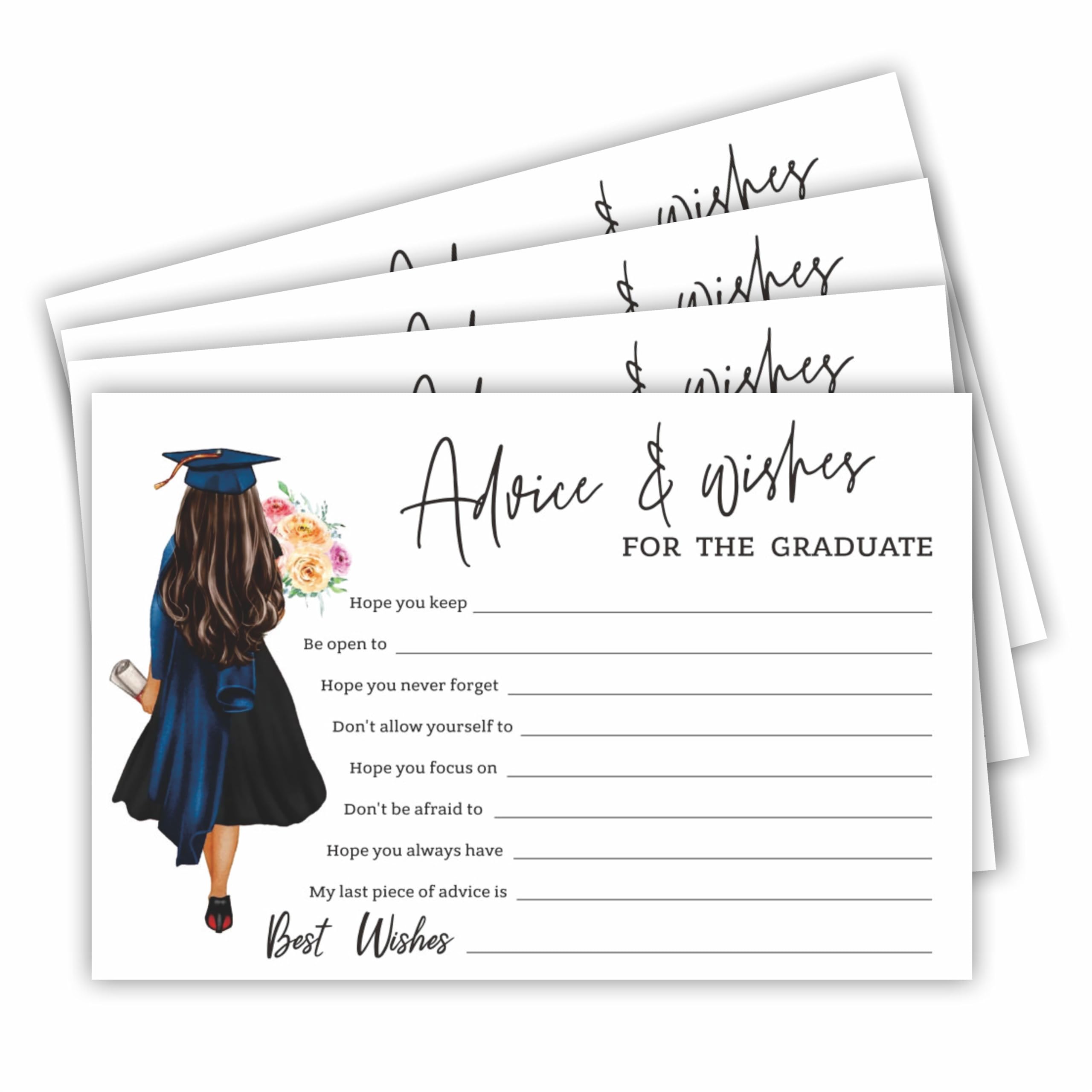30 Advice & Wishes Cards For The Graduation - Flowers & Grad Girl - Confetti Double-Sided Fill In Style Advice Cards For High School, College,