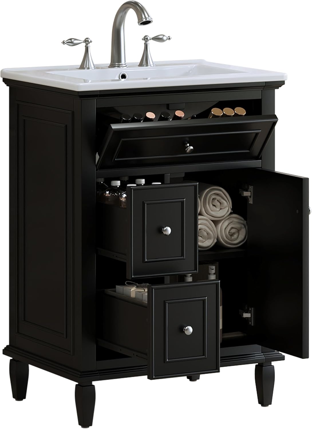 Merax 24 Inch Small Bathroom Vanity with Sink, Storage Cabinet with Tip-Out Drawer and Adjustable Shelf, Soft-Closing Door, Black