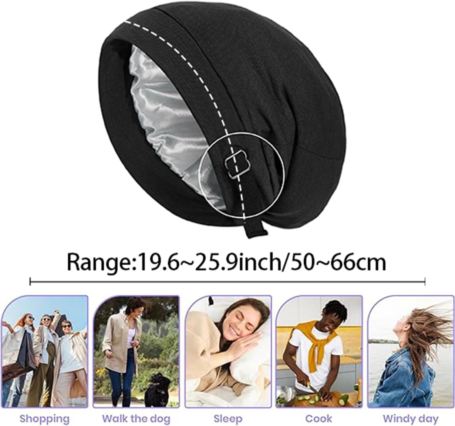 6LK Silky Satin Lined Bonnet Sleep Cap Hair Wrap for Sleeping-Adjustable Stay on All Night Beanie for Curly Hair and Braids