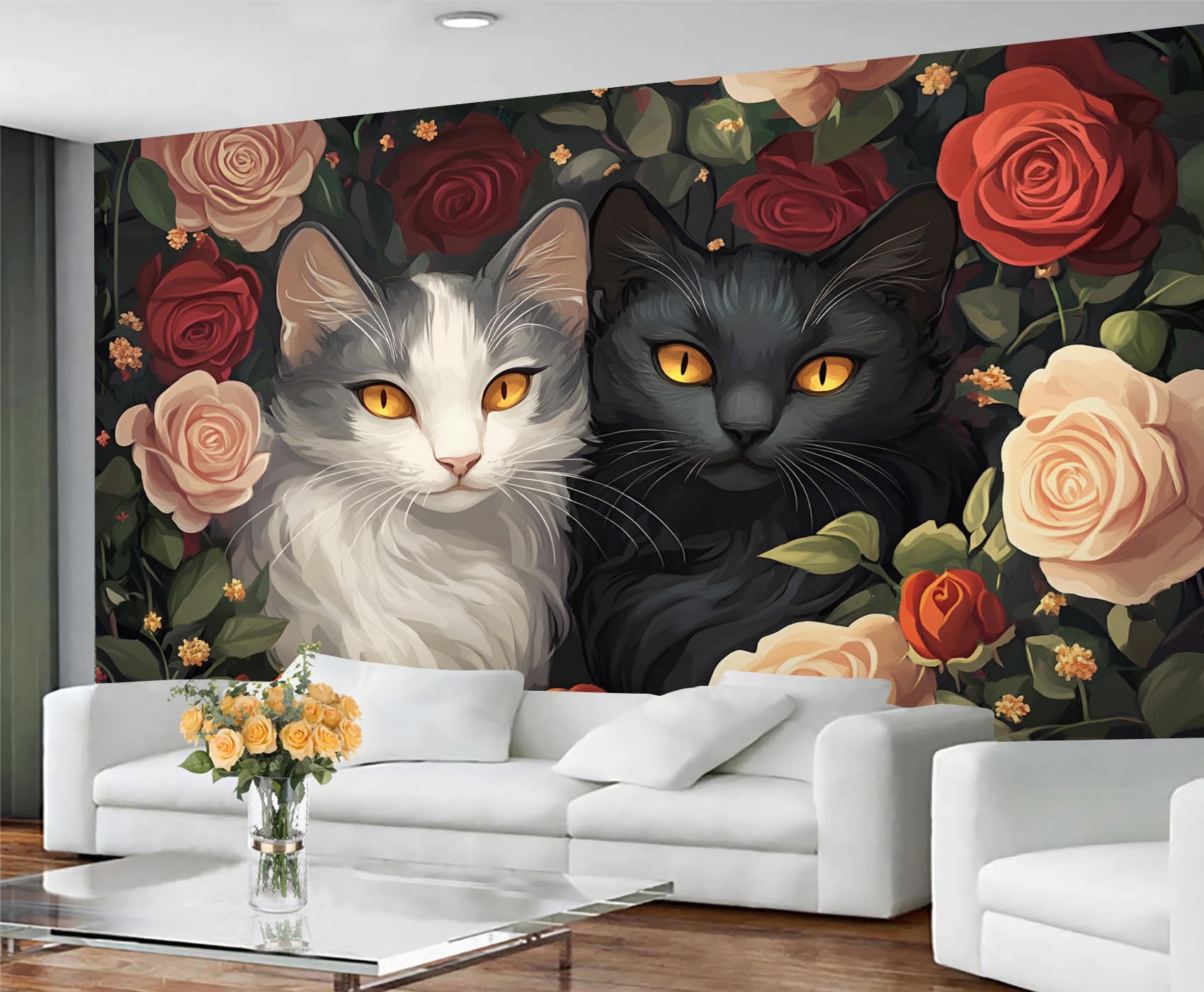 GIVLWF Cat Print Wallpaper, Vintage Florals Peel and Stick Wallpaper for Bedroom, Romantic Rose Wall Paper for Living Room, Cartoon Cat Wall Mural, Kitten Animal Large Mural & Room Decor — image 1