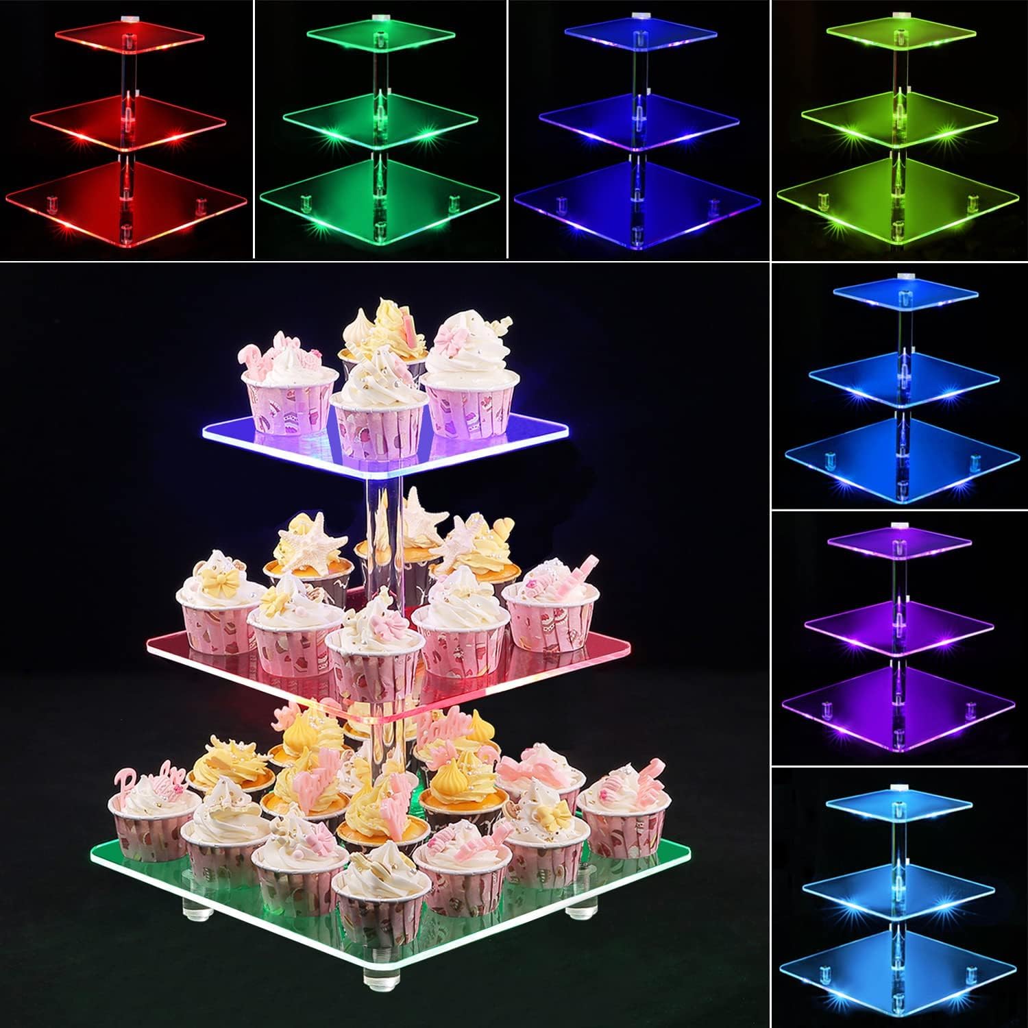 3 Piani Cupcake Stand, Ulifeme LED Ricaricabile Alzata, Supporto per Esposizione di Dolci Trasparente Quadrato, Torre di Cupcakes per Natale, Matrimoni, Anniversari, Feste Prenatalizie e Compleanni