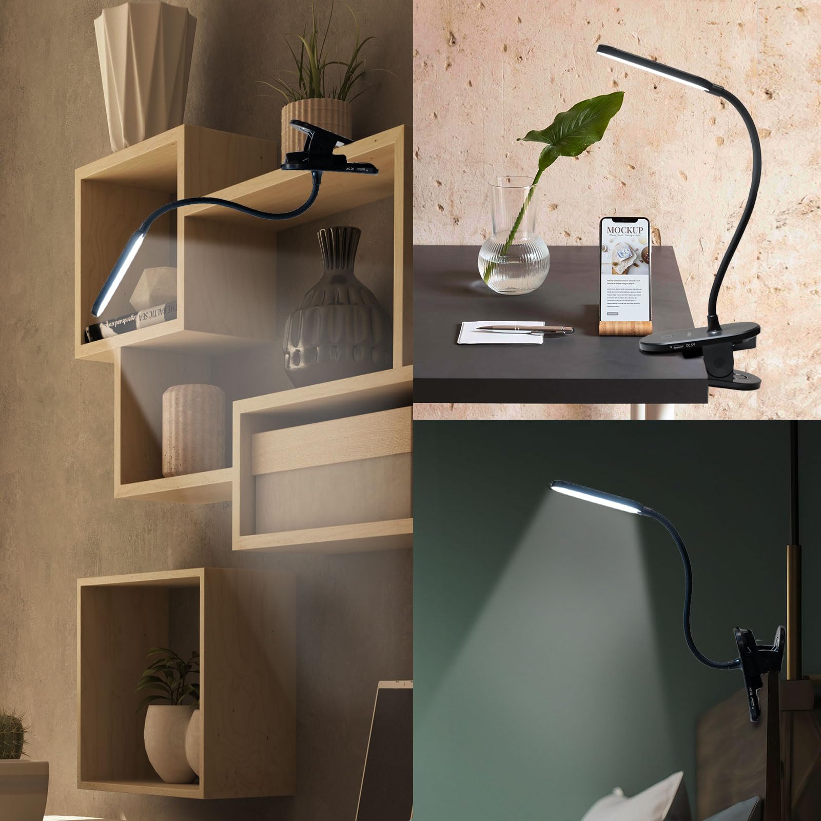 LQWELL® Lampa Z Klipsem Do Lampki Do Czytania W ŁÓŻku, Zasilana Bateryjnie, Ściemniana Lampa Zaciskowa, 3 Poziomy Jasności I Lampa Biurkowa Z Elastycznym 360° Do Domowego Biura (Czarny)