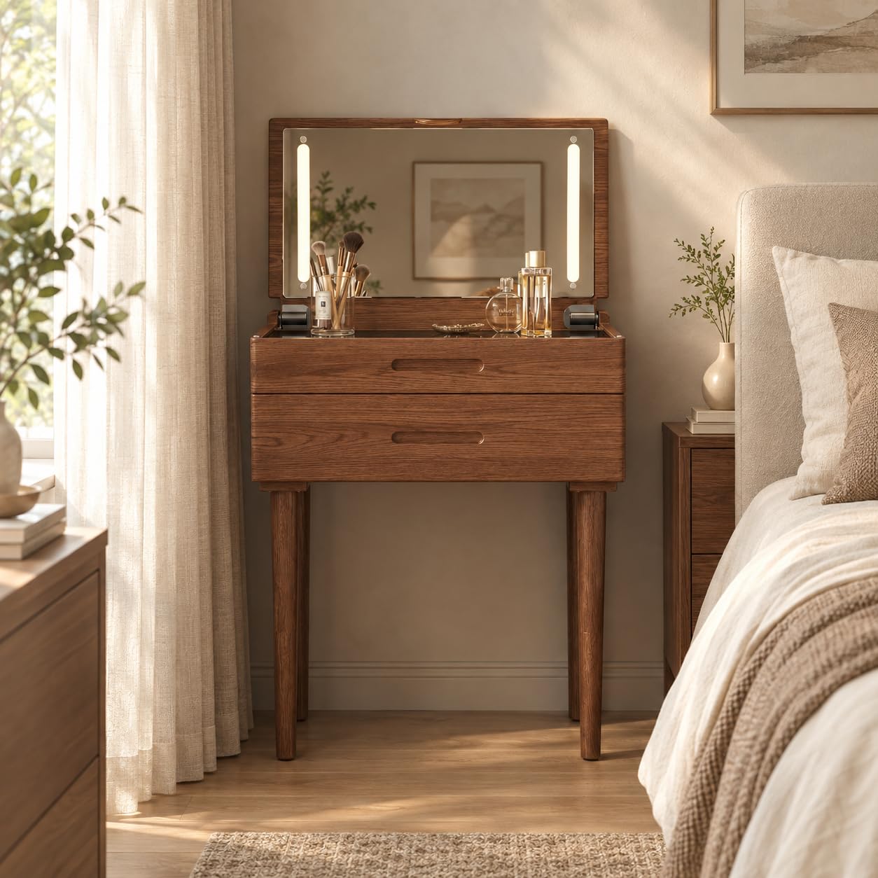 Photo 1 of Muwuele Solid Wood Vanity Desk with Mirror and Lights, 23.6", Walnut