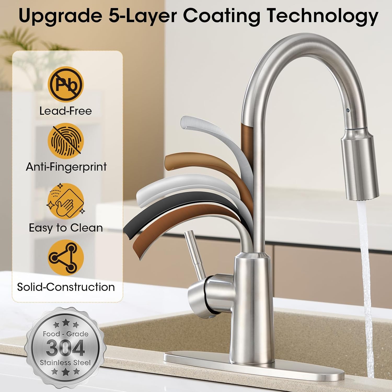 Kitchen Faucet with Pull Down Sprayer, High Arc Single Handle Brushed Nickel Stainless Steel 1 or 3 Hole Faucet for Kitchen Sink, Farmhouse, RV, Laundry, Bar, Outdoor