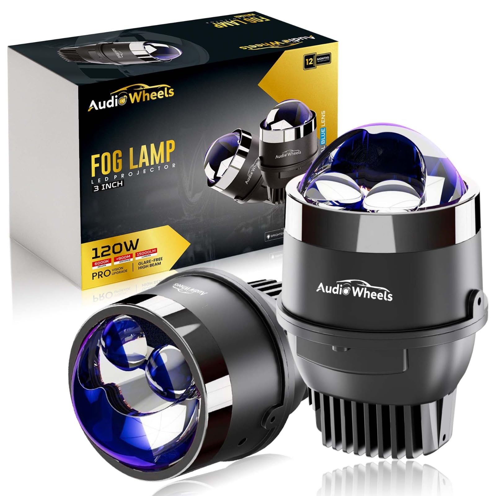 Audio Wheels 3" Universal LED Projector Projector Fog Lamp - 120W Dual-Beam | White-6000K | 15,000LM | Blue Film Lens | 12V/24V Car Driving Light for Vehicle Modification-image-36