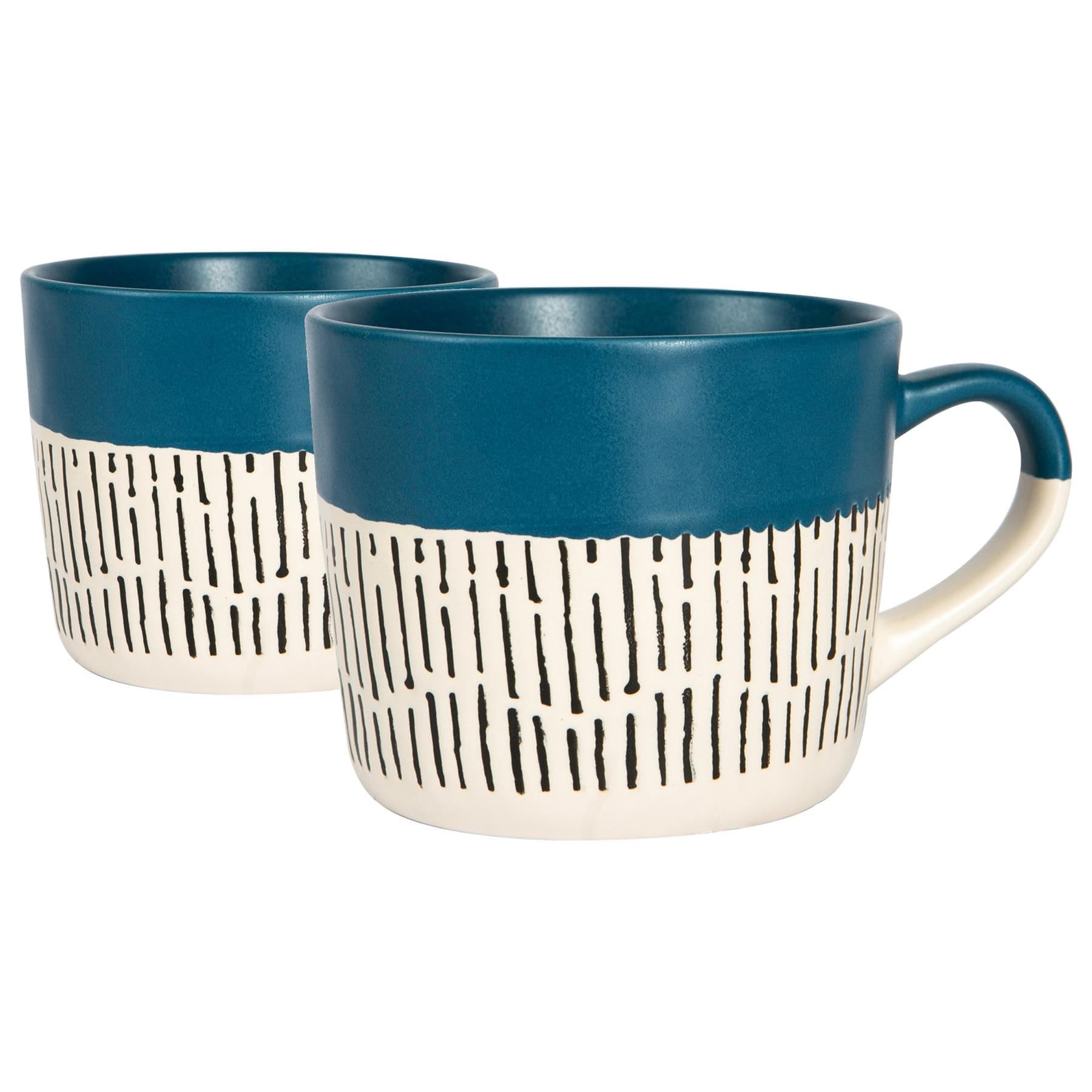 Nicola Spring Ceramic Coffee Mugs Set - 475ml - 2pc Blue Dipped Dash Stoneware Coffee Cups Dishwasher & Microwave Safe Large Tea Mugs for Hot Drinks, Hot Chocolate, Tea
