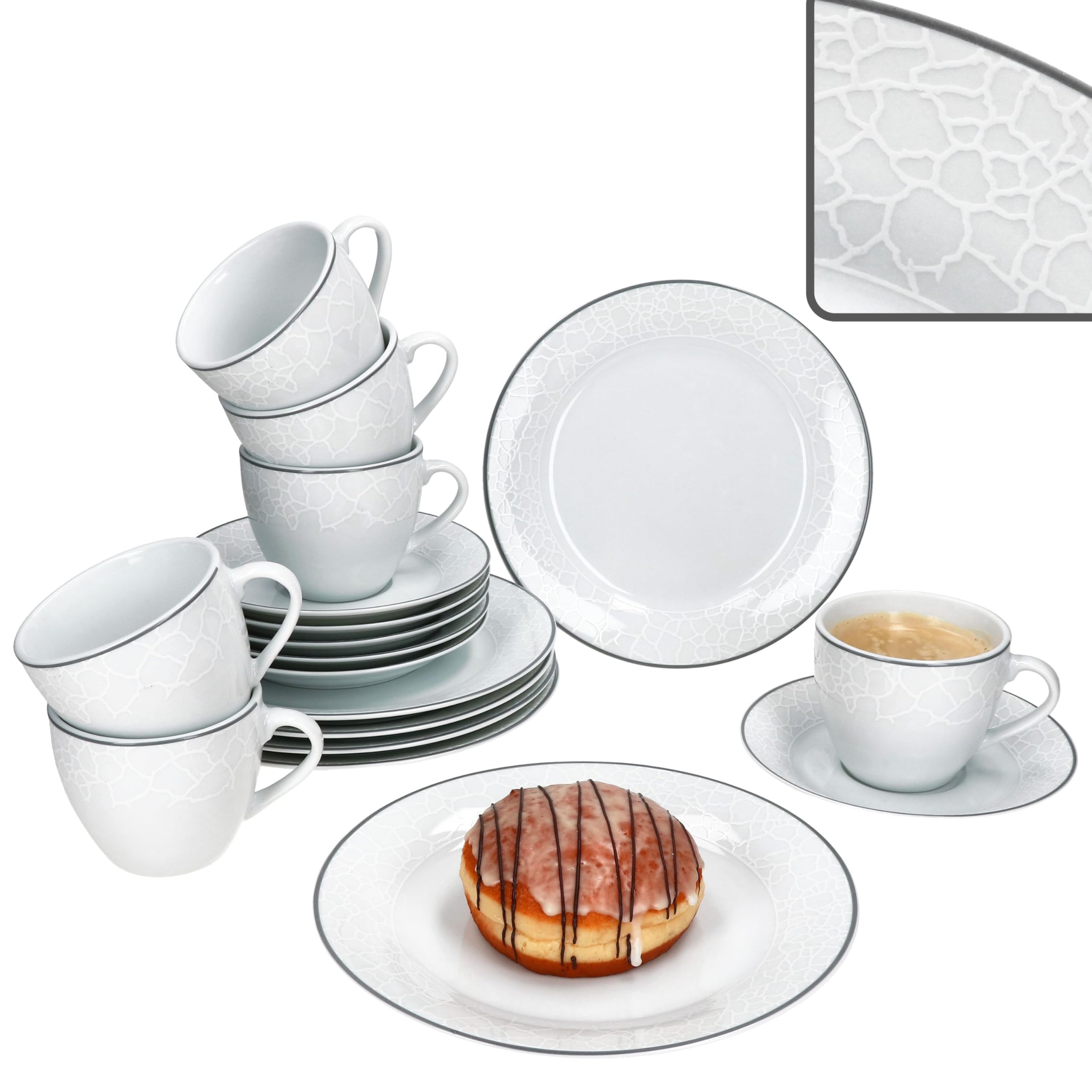 MamboCat Venedig 18tlg Kaffeeservice I weißes Porzellan Geschirr mit Relief in Kieselstein-Optik & Grauer Linie für 6 Personen I je 6X Kaffeetassen 180ml, Untertassen & Kuchenteller