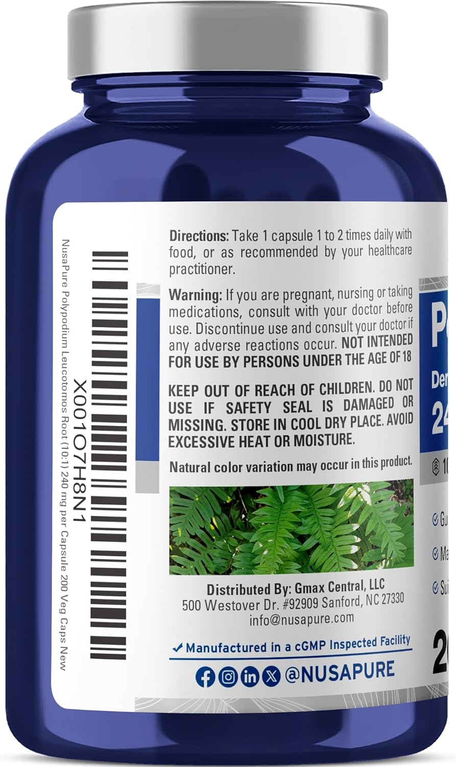 NusaPure Polypodium Leucotomos Capsules, 240 mg, 200 Veg Capsules (Non-GMO, Vegan)