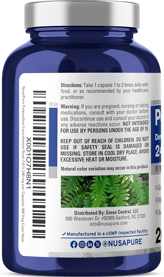 NusaPure Polypodium Leucotomos Capsules, 240 mg, 200 Veg Capsules (Non-GMO, Vegan)