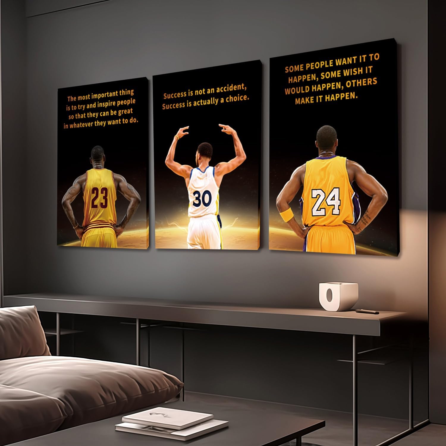 3 Pcs Framed Inspirational Basketball Action Figure Canvas Wall Art Motivational Basketball Poster Print Picture Paintings Man Artwork Wall Decor for Boys Room Bedroom Dormitory Office 16x24in
