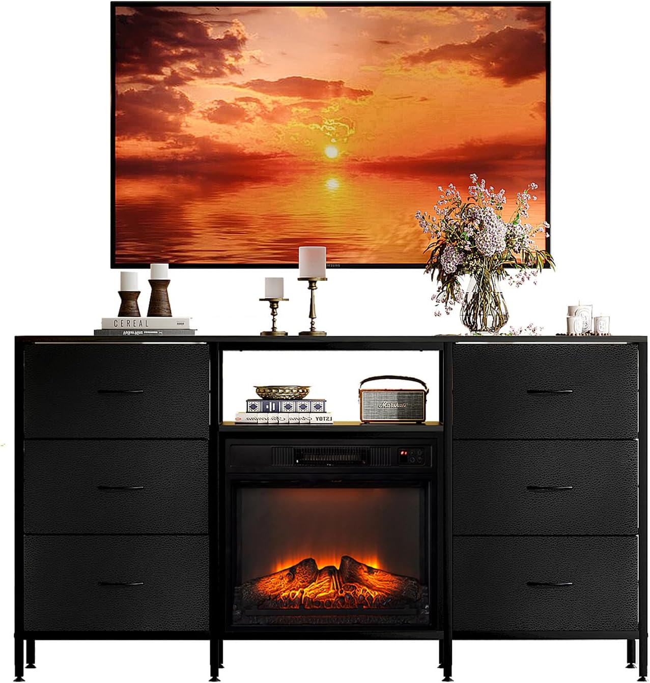 VINGLI Fireplace TV Stand Dresser with Fabric Drawer, Entertainment Center with LED Lights and Industrial TV Console Table with Open Storage Shelves for Living Room, Bedroom, Black - Image 8