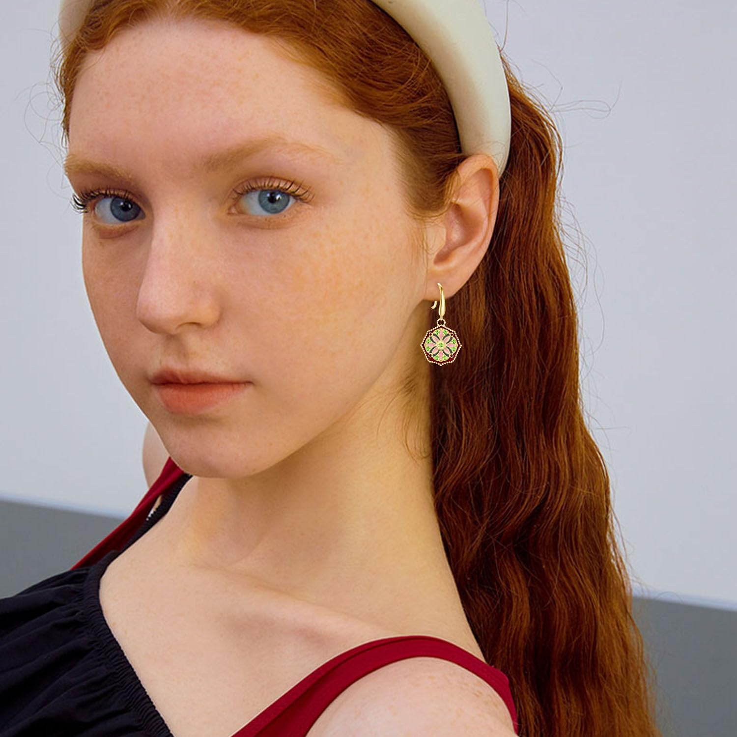 14K Gold Enamel Flower Dangle Drop Earrings Dainty Crystal Floral Round Disc Hook Earrings For Women - Image 4