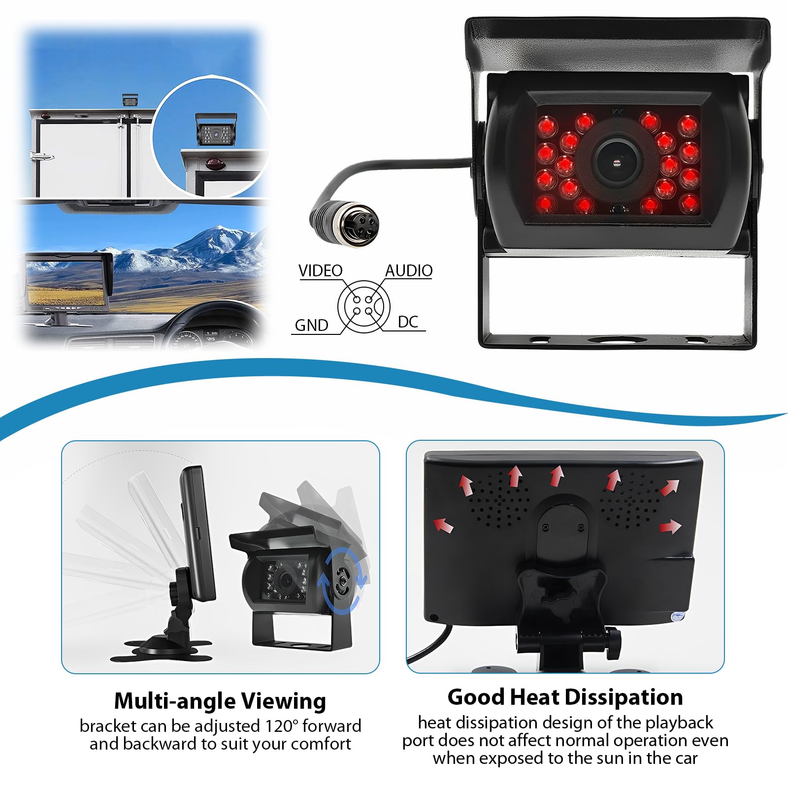 Kit Caméra de Recul et Moniteur LCD 7 Pouces écran, Vision Nocturne | IR Caméra de Recul filaire étanche avec 18LED 12V-24V Caméra Filaire avec 15M Câble pour Camping Car, Camions, Remorques, Bus