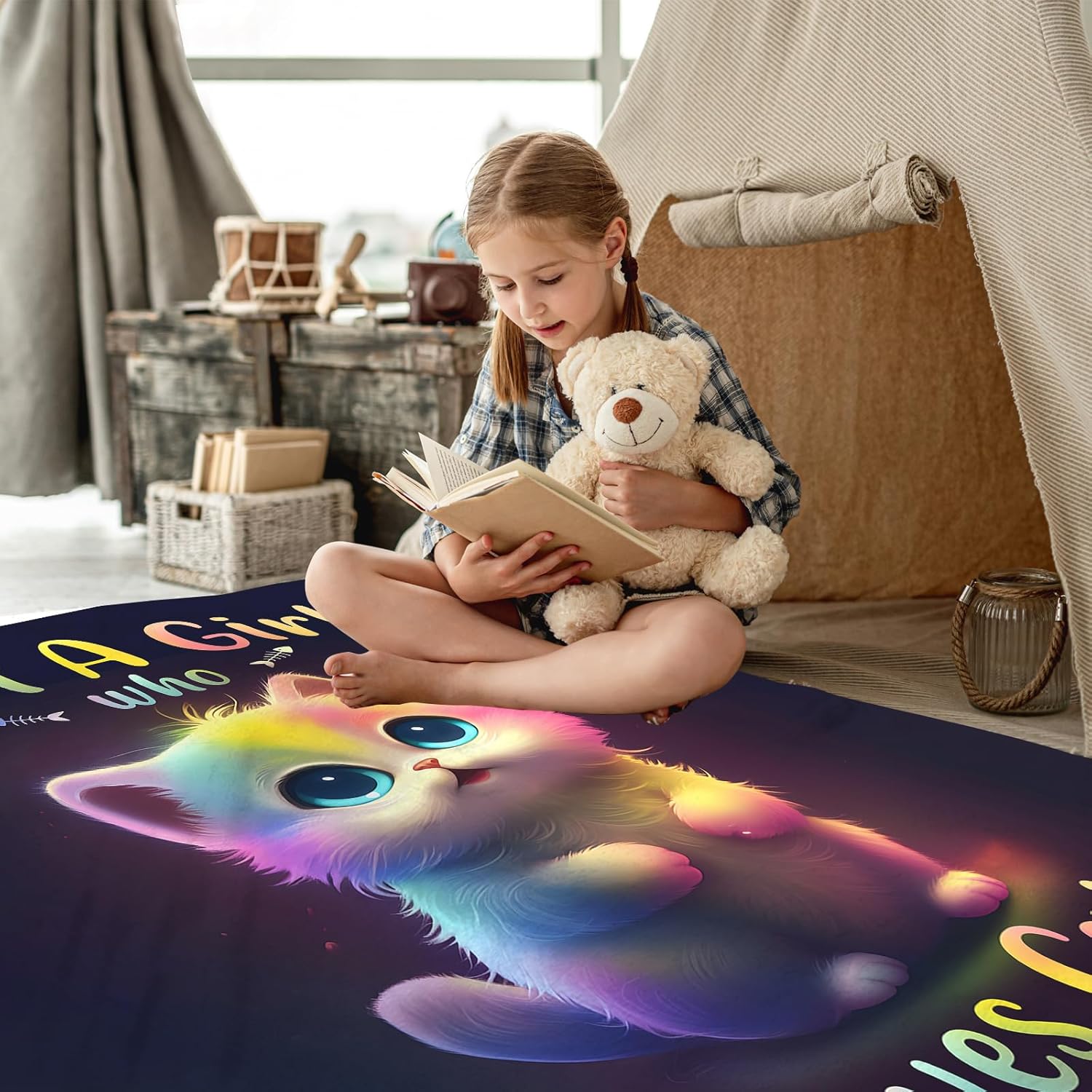 Just A Girl Who Loves Cats Blanket, Cute Cat Rainbow Colorful Blanket, Cat Gifts for Girls, Kawaii Kitten Cat Plush Blanket, Cat Mom Gifts, Kids Cat Blanket for Christmas Birthday Girls Gifts,60"X50"
