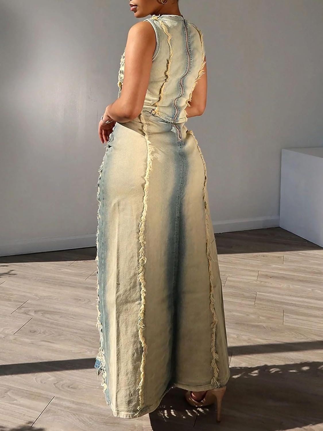 KANSOON Skirt Sets Women 2 Piece Outfits Denim Ripped Distressed Sleeveless Crop Tank Tops and Split Maxi Skirt Set
