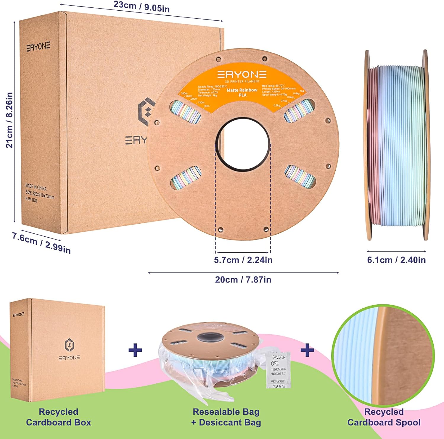 ERYONE Matte Rainbow 3D Printer PLA Filament 1.75 +/- 0.03mm, Matte Muticolor Filament PLA 1KG(2.2LBS) Spool, Macaron Rainbow - Image 6