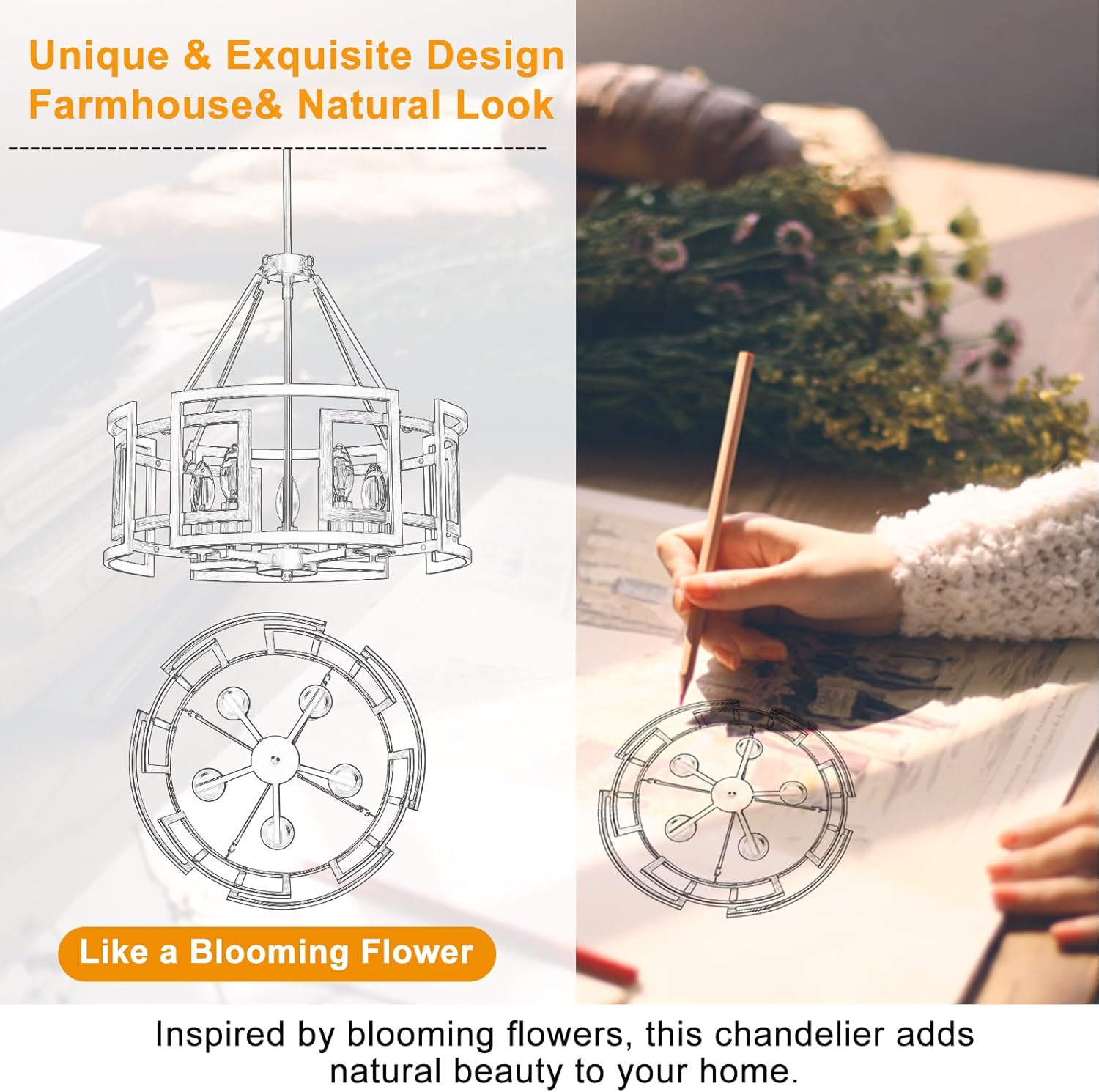 20" Dining Room Light Fixture/Chandelier Over Table, 5-Light Black & Wood Grain Farmhouse Chandeliers for Dining Room, Industrial Metal Hanging Pendant Lights Fixture for Kitchen Island Foyer Entryway