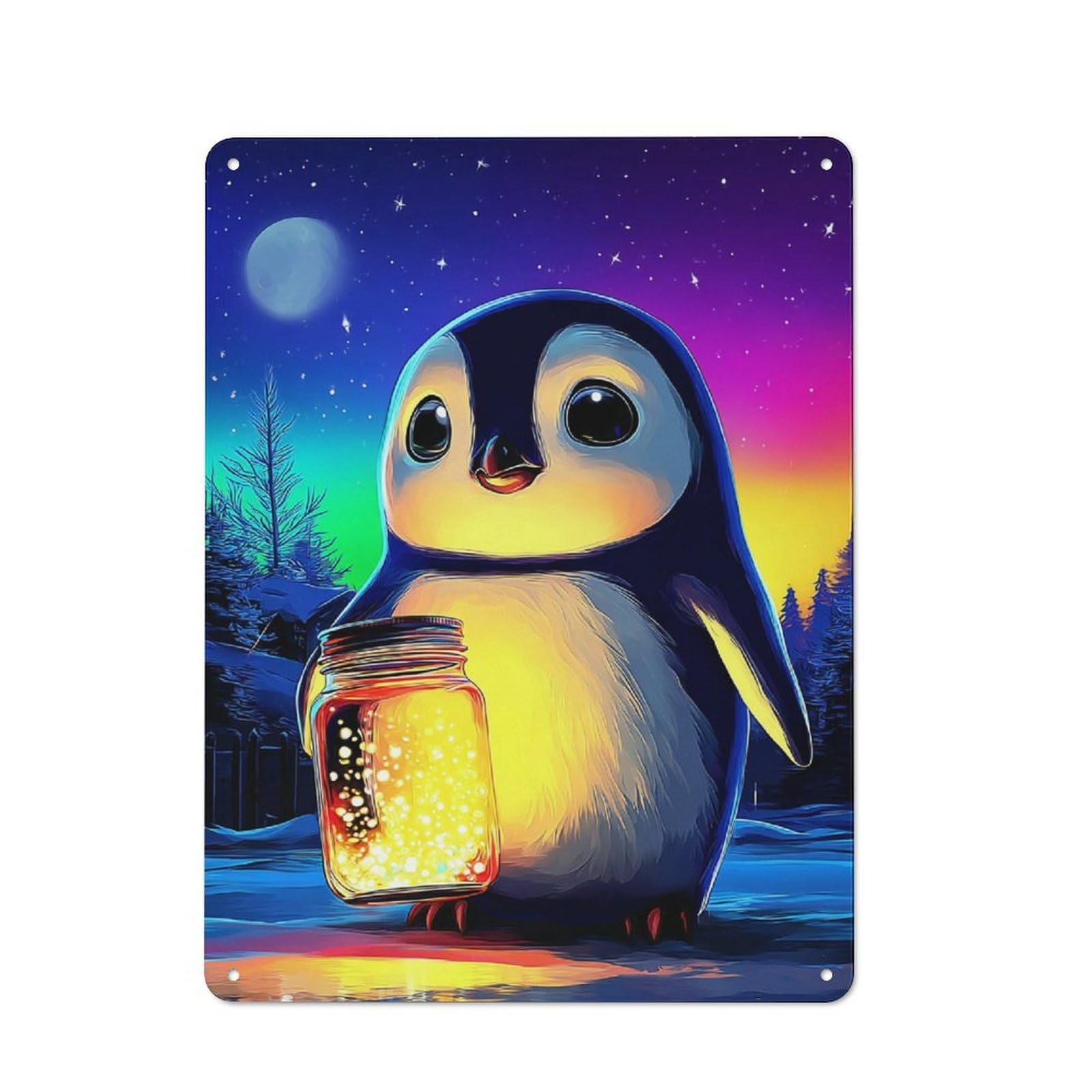 Junmoney Penguin With Glowing Jar Metal Wall Sign 40X30cm Featuring For Café Or Restaurant, A Decorative Metal Sign For Cafés And Restaurants