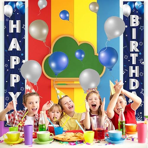 Miniatura 6 de Cartel de decoración de feliz cumpleaños para hombres, mujeres, niños y niñas, letrero de porche de cumpleaños azul y plateado, suministros de fondo