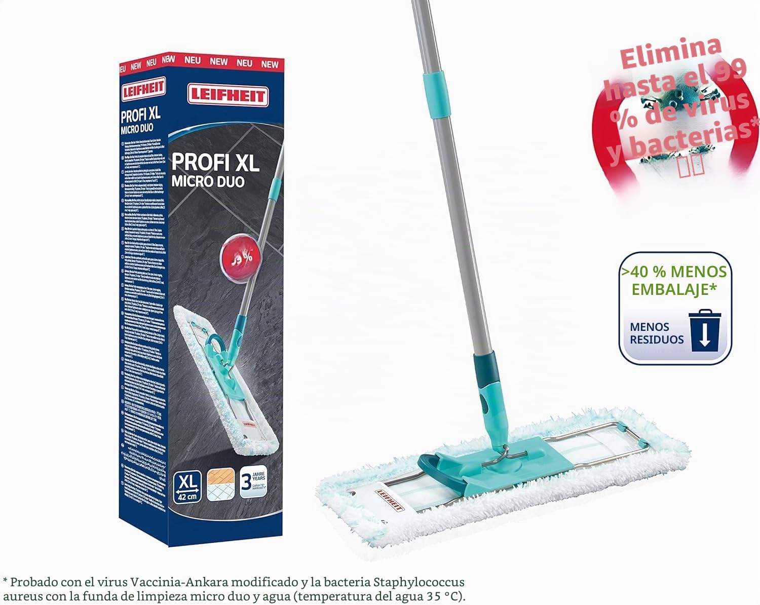 Leifheit Mopa Profi XL micro dúo con palo de acero, mopa flexible con articulación giratoria, mopa fregona para superficies grandes