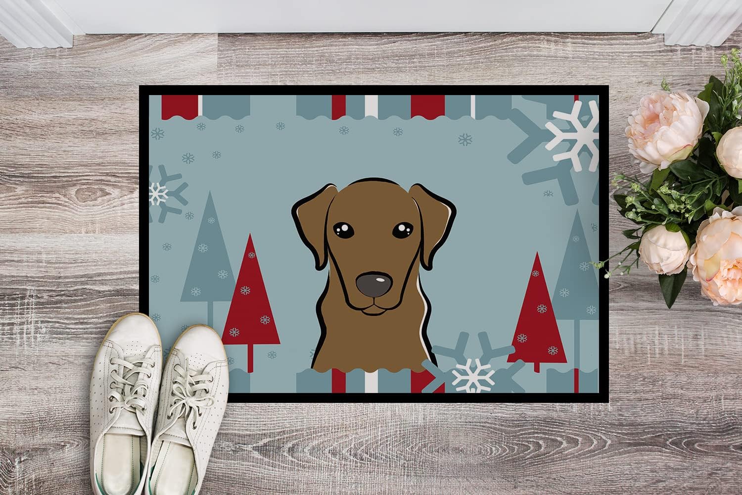 Caroline's Treasures BB1730MAT Winter Holiday Chocolate Labrador Doormat 18x27 Front Door Mat Indoor Outdoor Rugs for Entryway, Non Slip Washable Low Pile, 18H X 27W