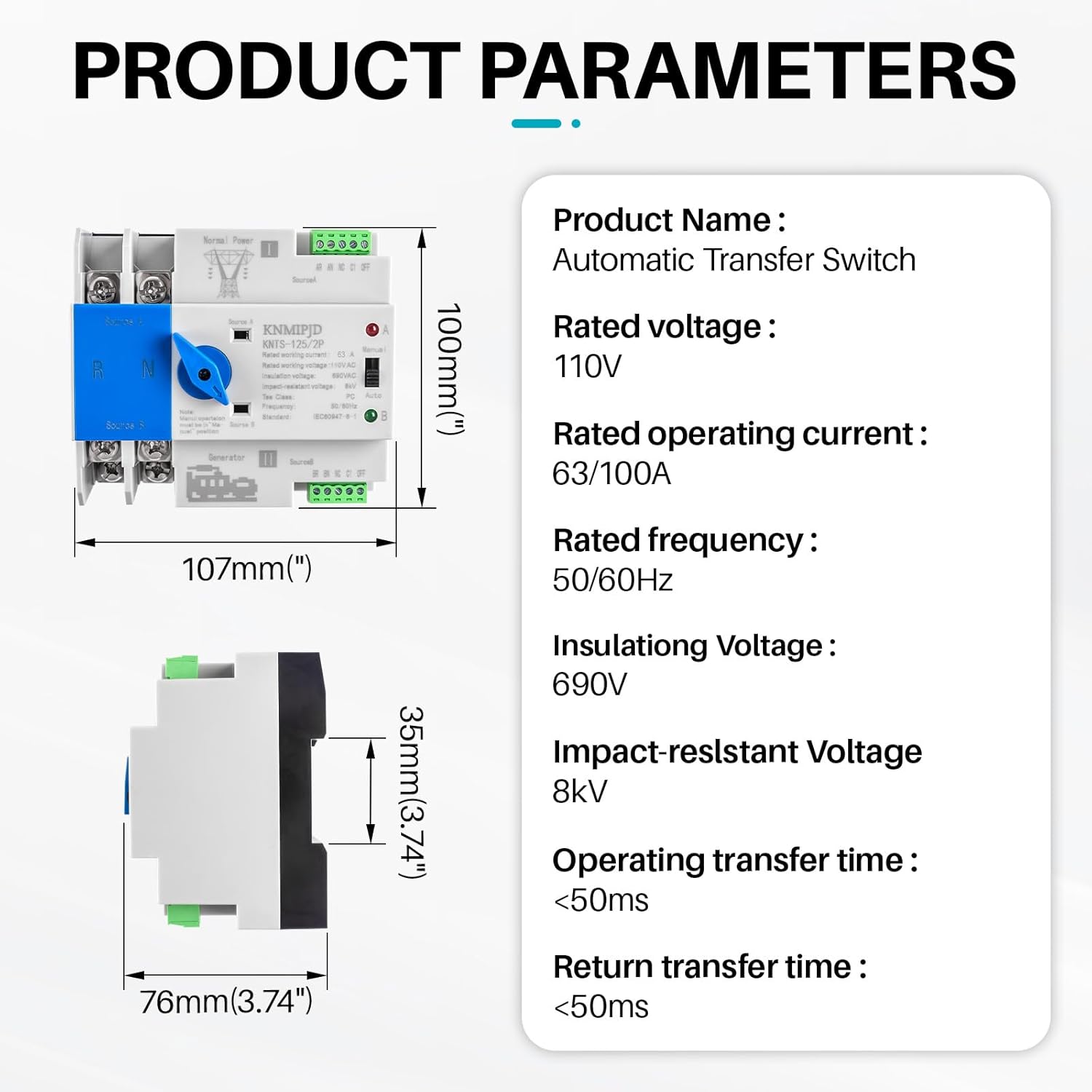 ATS Automatic Transfer Switch 2P AC110V 63A 50/60Hz ATS Dual Power Switch Electrical Selector Switches for Home Generator DIN Rail Mount (2P 63A)