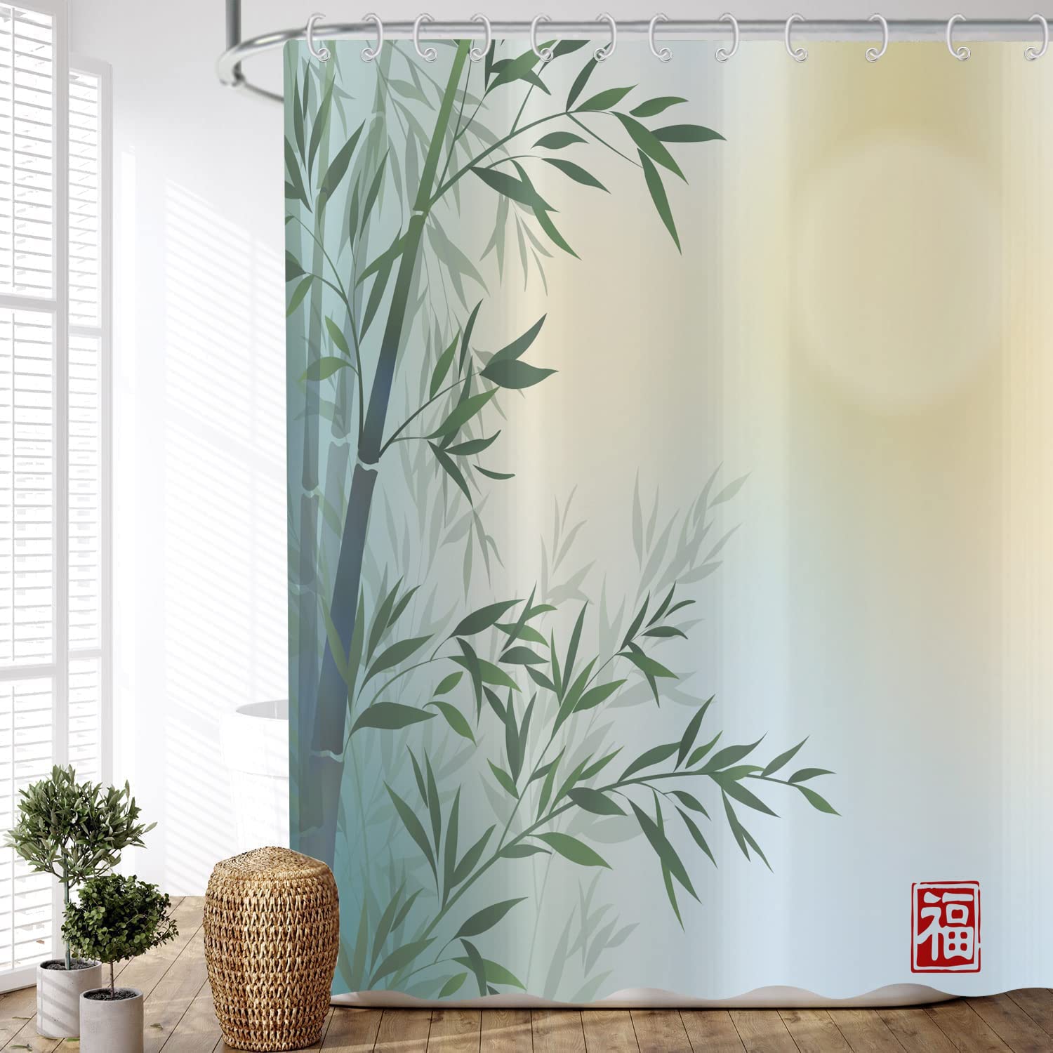 ASDCXZ Shower Curtain Bamboo 240x180 cm, Asian Chinese Painting Green Bamboo Blessing Spa Meditation Washable Shower Curtains Polyester Textile Waterproof Shower Curtain for Bathtub with 12 Hooks โ image 1
