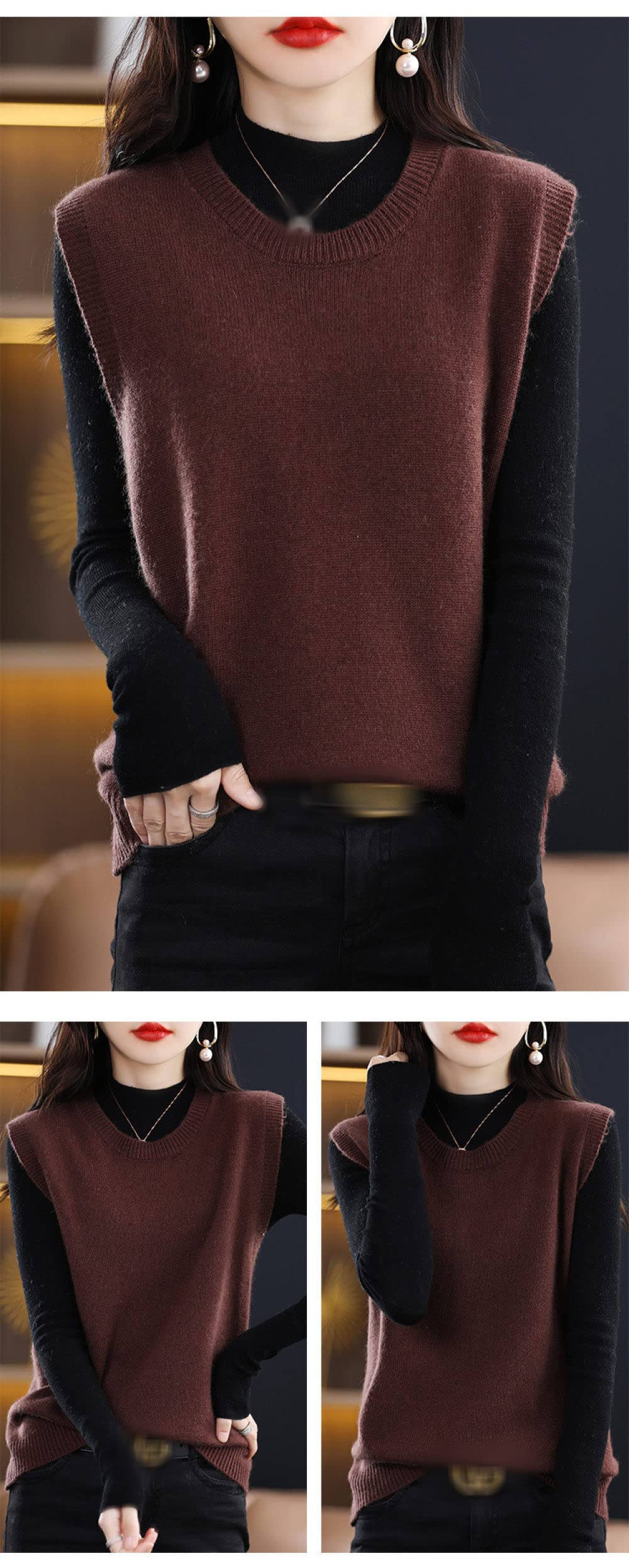 OZEO Strick Pullunder,Einfache Damen Pullover Weste Dunkelbraun Rundhals Feinstrick Weste Ärmellos Einfarbig Pullover Lässig Streetwear Weste Tanktops Für Damen Mädchen,L