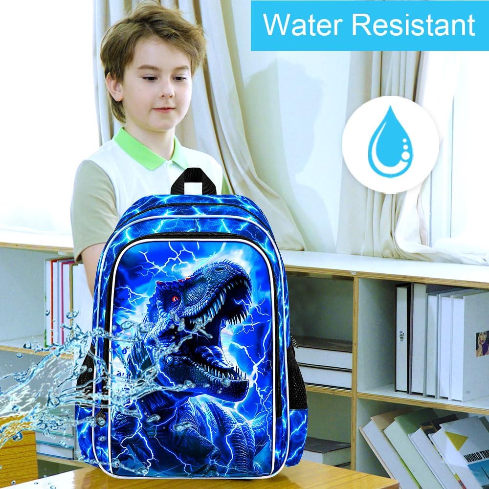 KLFVB 3PCS Boys Backpack Set, 17" Dinosaur Bookbag and Lunch Box, Water Resistant Teenagers School Backpacks for Middle Elementary - Lightning T-Rex - Image 2
