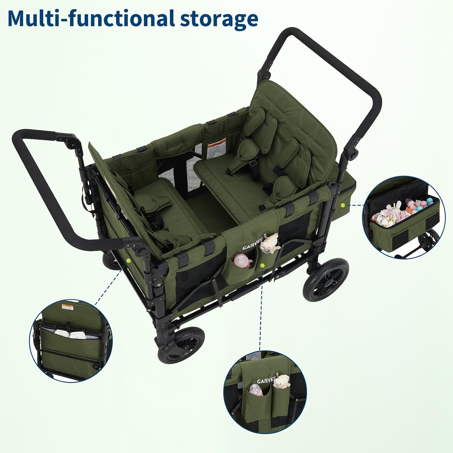 4 Seater Stroller Wagon, All-Terrain, Premium Wagon Stroller for Kids with Safety Harness, Snack Tray, Removable Canopy, Swivel & Fixed Wheels, One-Step Brake, Green