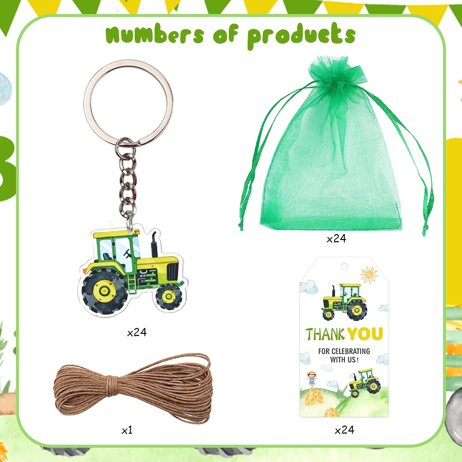 Serencatcher 72Pcs Tractor Party Favors, Tractor Birthday Decorations Tractor Keychain Thank You for Celebrating with Us Gift Tags Green Organza Bags for Farm Theme Birthday Baby Shower Party