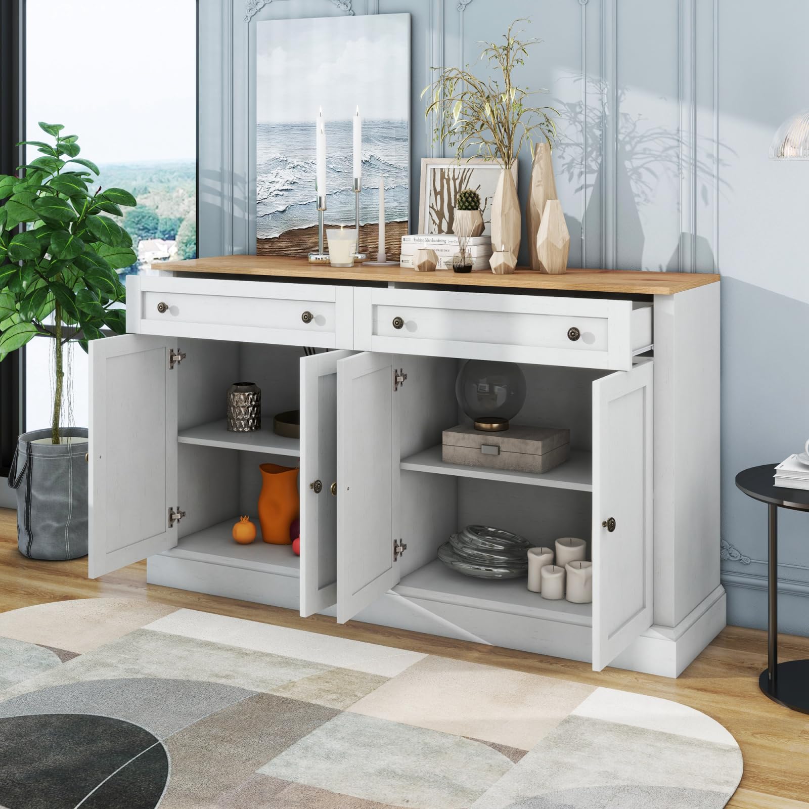 Buffet de rangement moderne de 150 cm, avec 4 portes et 2 tiroirs, armoire de rangement en bois pour salle à manger, salon et cuisine, entrée (blanc antique + bois)