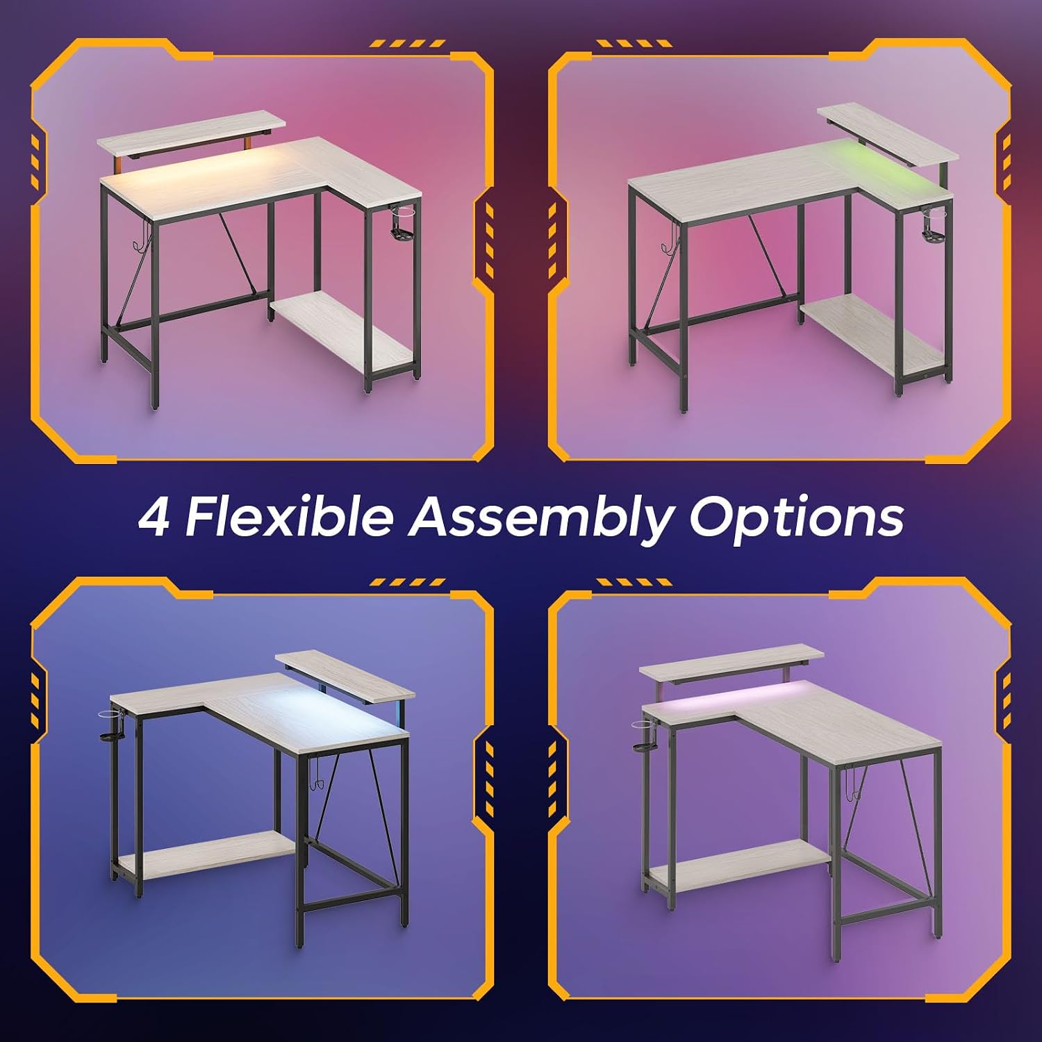 Four diagrams showing different L-shaped desk configurations, illustrating flexible assembly options.