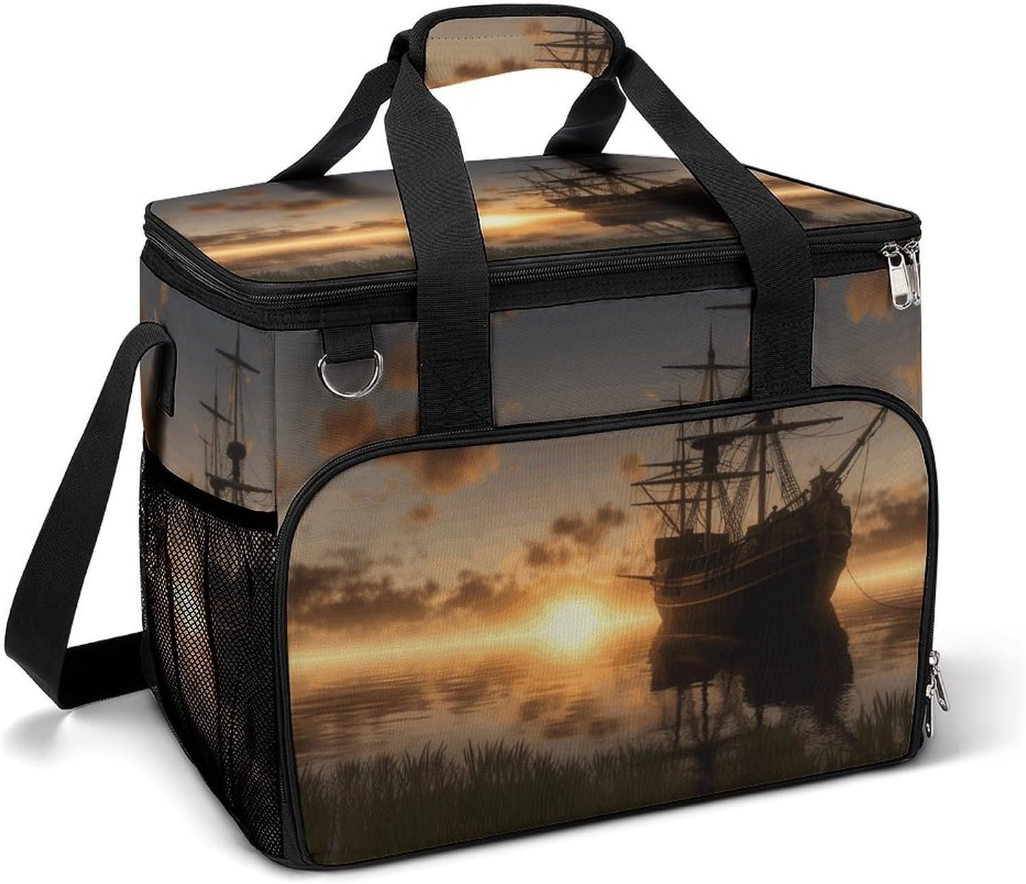 Insulated Picnic Backpack Tote Bag, Large Capacity 30L Ship in The Lake Sunset Cooler Bag Leakproof Beach Bags Portable Lunch Box Waterproof Picnic Basket for Beach Camping BBQ