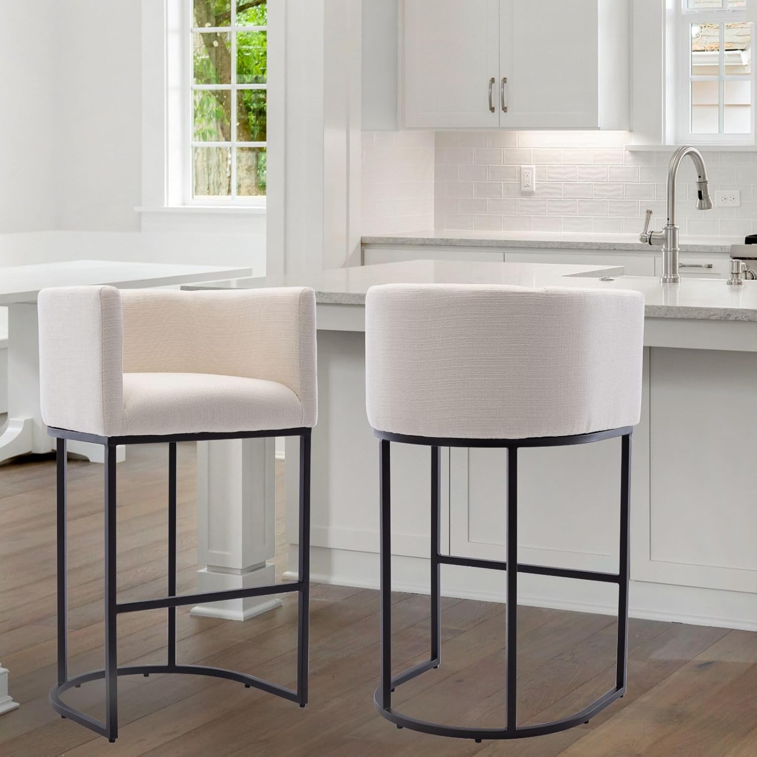 32" Linen Bar Stool, Modern Barrel Height Stool With Arm, Upholstered Counter Chair, Black Metal Frame for Kitchen Island/Pub/Dining Room, Beige
