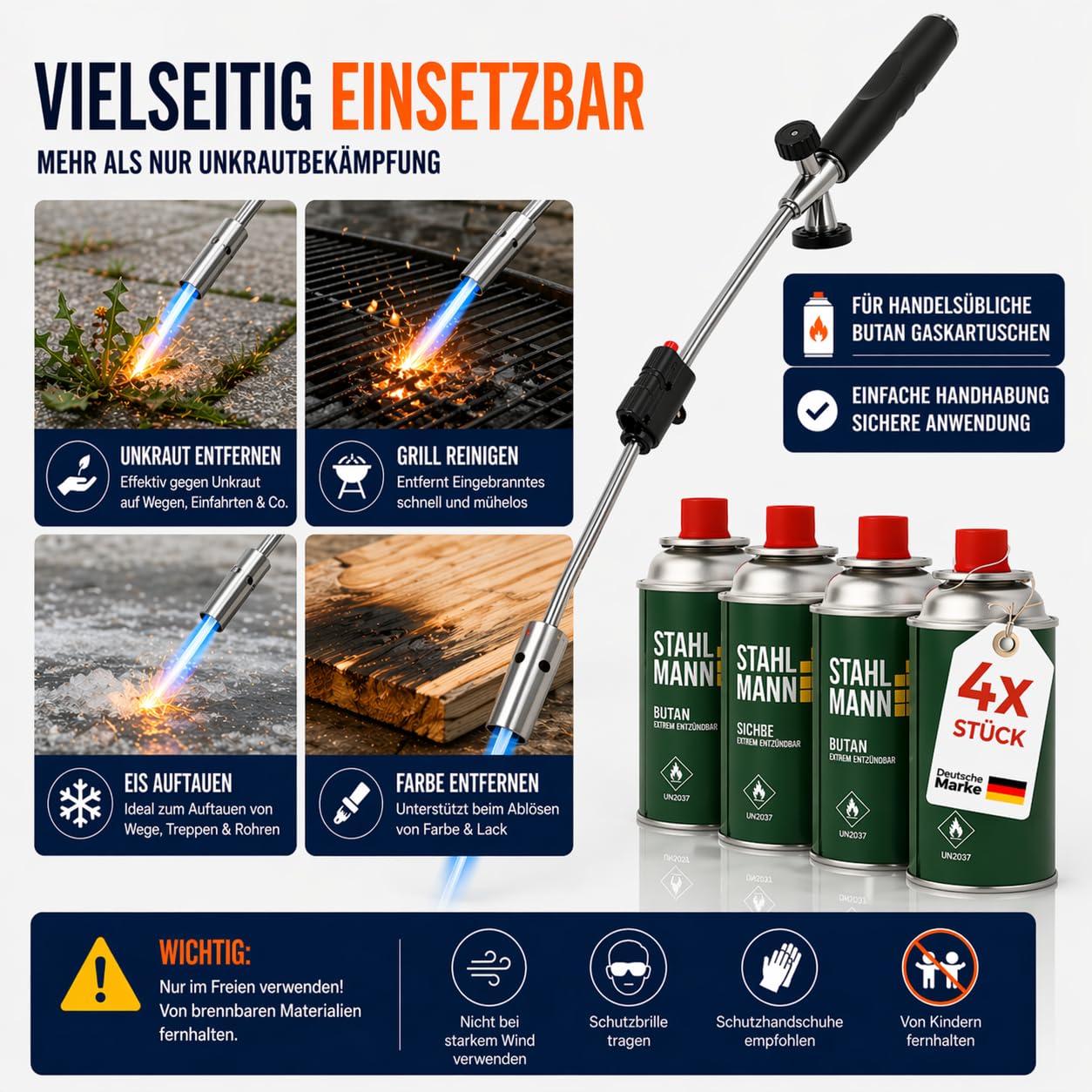 STAHLMANN®Unkrautvernichter inkl. Gaskartuschen - stabiler Unkrautbrenner mit Piezozündung stufenlos regulierbar – Unkrautentferner Gerät mit ergonomischen Griff (4 Kartuschen)
