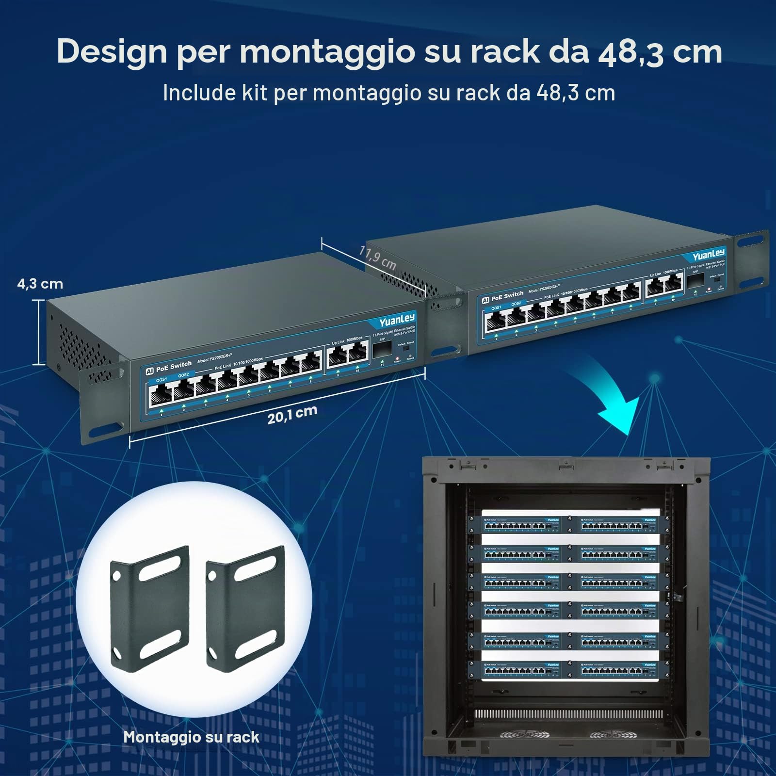 YuanLey 11 Porte Switch Gigabit Poe, 8 Porte Poe+ 1000 Mbps, 2 Gigabit Uplink, 1 Porta SFP, 120W 802.3af/at, Metal, Qos, Switch Ethernet Non gestito Plug And Play AI Smart Detection