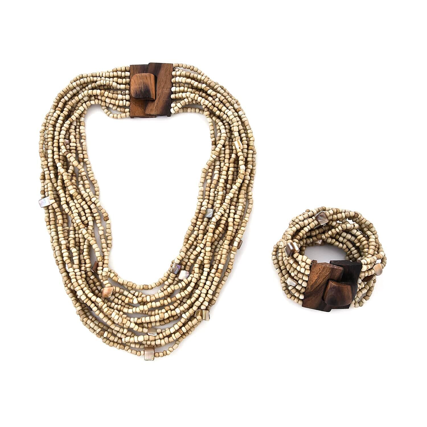 Shop LC Seed Bead Necklace Bracelet Set Boho Jewelry for Womens | Multi Layered Boho, Wooden Clasp, 18 Inch Necklace, Stretchable Bracelet
