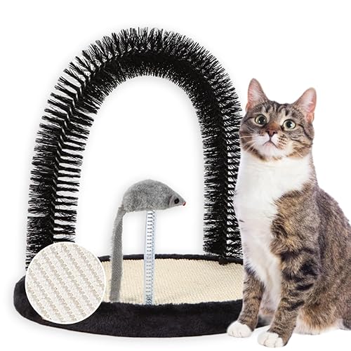 Happi N Pets Cat Self Groomer, Arch Grooming Brush wtih Heavy Duty Woven Sisal Pad, Rubbing Post & Catnip Toy, Cat Face Scratchers Body Massager, Cat Scratchers for Indoor Cats, Black - L for adult cats-Natural sisal covered - Smokey Gray