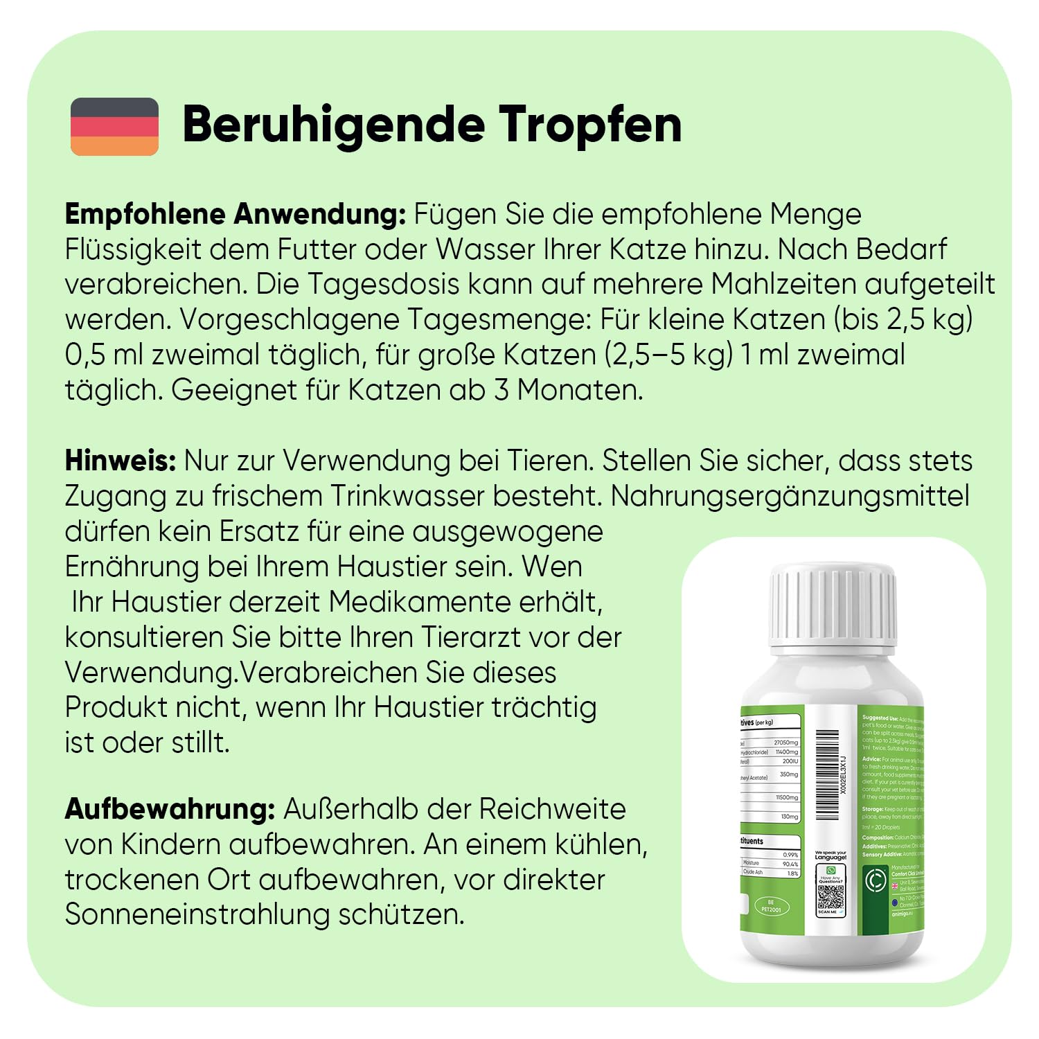 animigo Beruhigungsmittel für Katzen - 100 ml Entspannung Tropfen mit Zink, L-Tryptophan, Vitamin B3, B6, D3 & E - Bei Feuerwerk, Gewitter, Angst, Nervosität