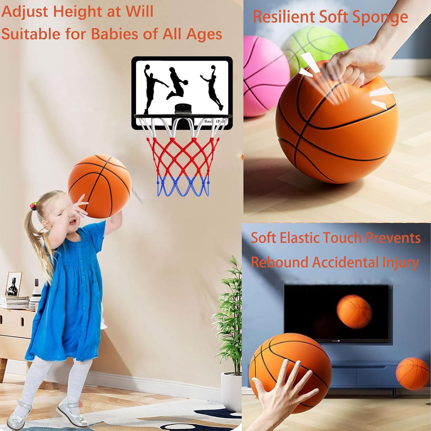 Silent Basketball with Indoor Basketball Hoop-Size 7, Soundless, New 3D Grooveed Airless Foam for Quiet Dribbling and Indoor Training
