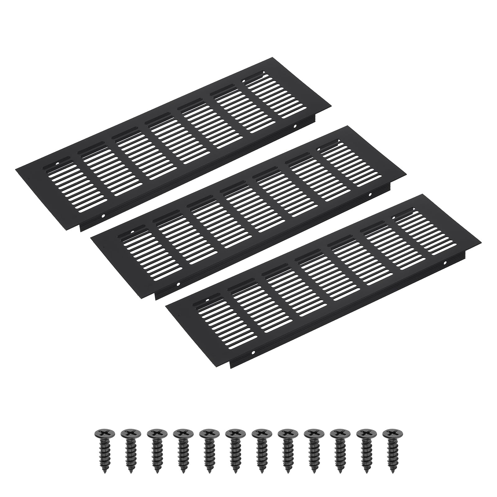 PATIKIL 12 x 4 Inch(300mm x 100mm) Rectangle Ventilation Grille, 3PCS Aluminum Air Vent Cover Louvered Ventilation Cover with Mounting Screws for Cabinet Closet Door Wardrobe, Black