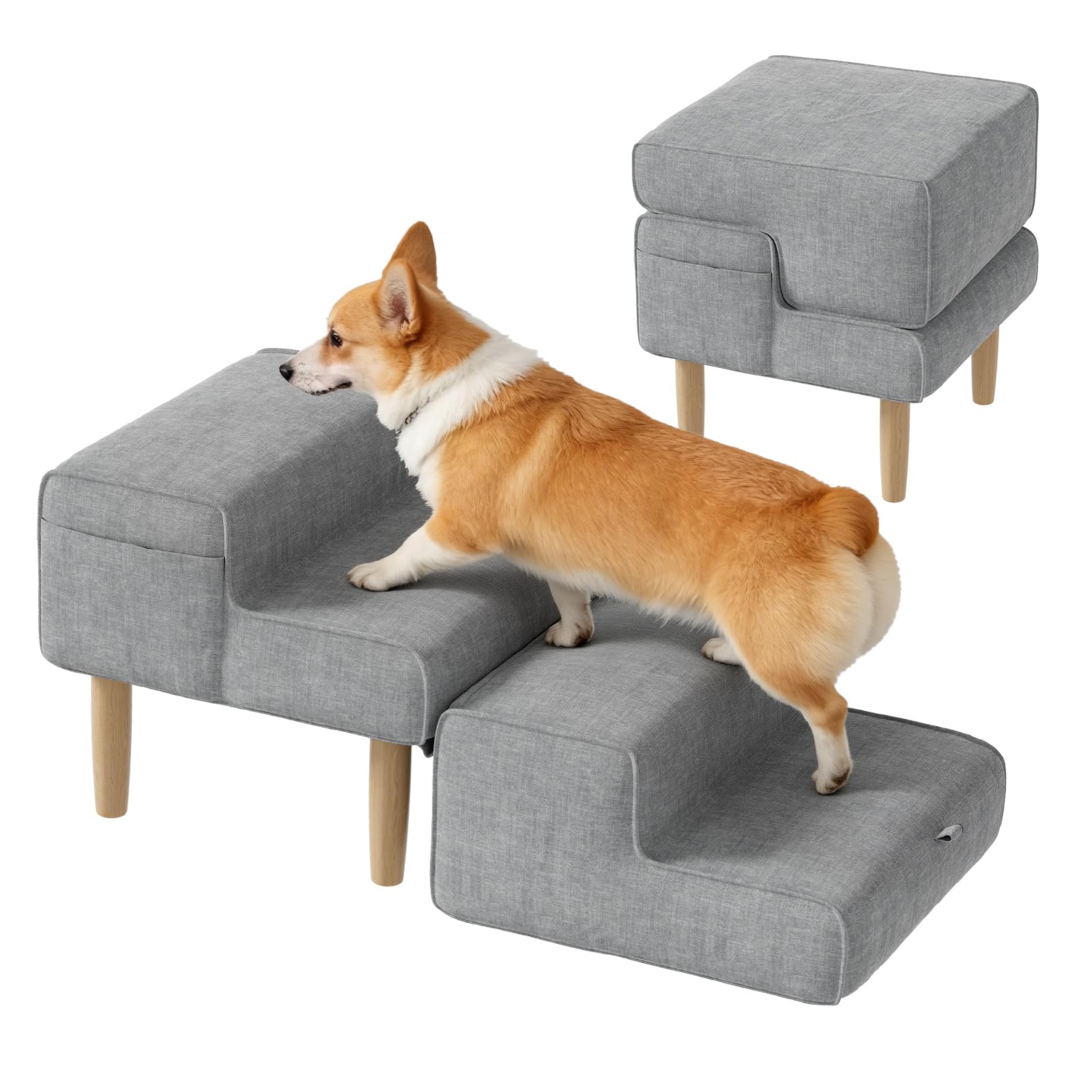 Scaletta per Cani, 2-in-1 Scaletta per Cani Letto Pieghevole, Altezza 4 Gradini, Scala Cane Piccoli e Gatti per Salire su Letto e Divano, Antiscivolo Rampa per Canis, 35/45cm, Grigio