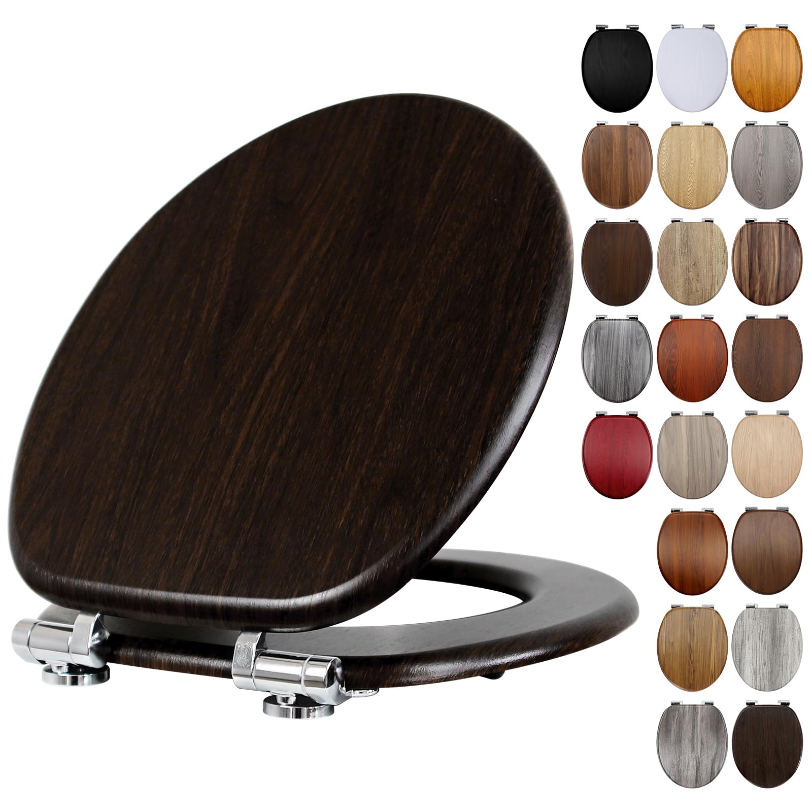 Fanmitrk Toilet Seat Wooden Soft Close with Adjustable Solid Zinc Alloy Hinges, MDF Wood Oval Toilet Seat with Bottom Fixings, Easy to Clean and Install (18E148)