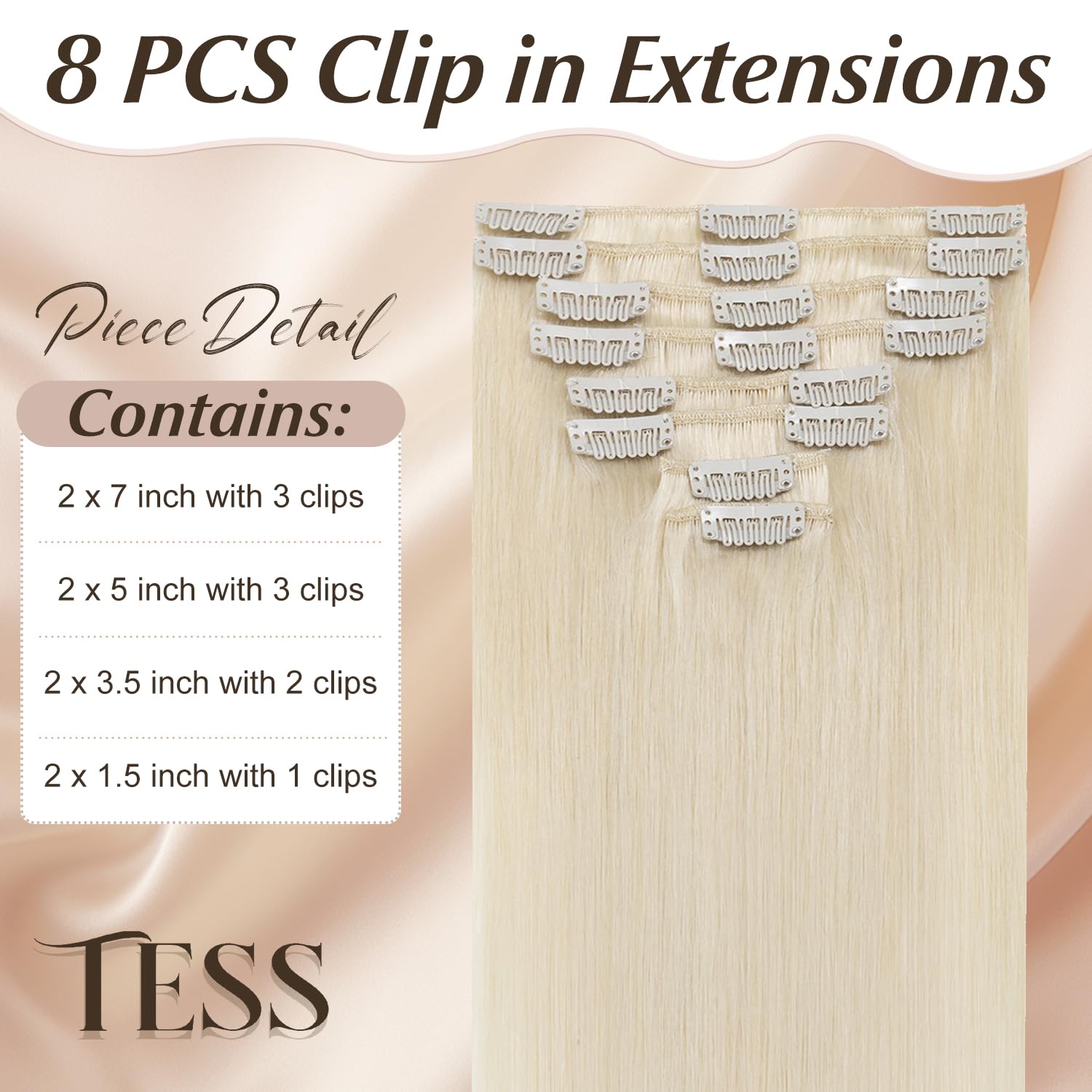 TESS Clip in Hair Extensions Real Human Hair Blonde Remy Seamless 8 Pieces Straight Long for Women/Girls (#60 Platinum Blonde - Image 2