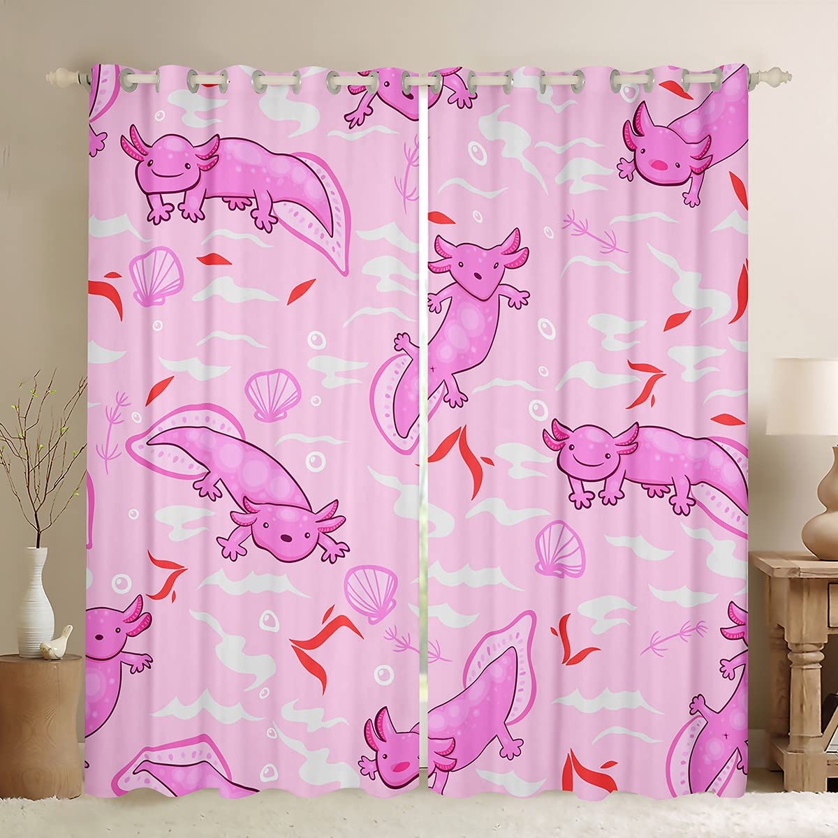 Loussiesd Axolotl Curtain for Bedroom Children Kawaii Axolotl Darkening Window Drapes 3D Animals Blackout CurtainsSalamander Pink Window Treatments W66*L72 โ image 1