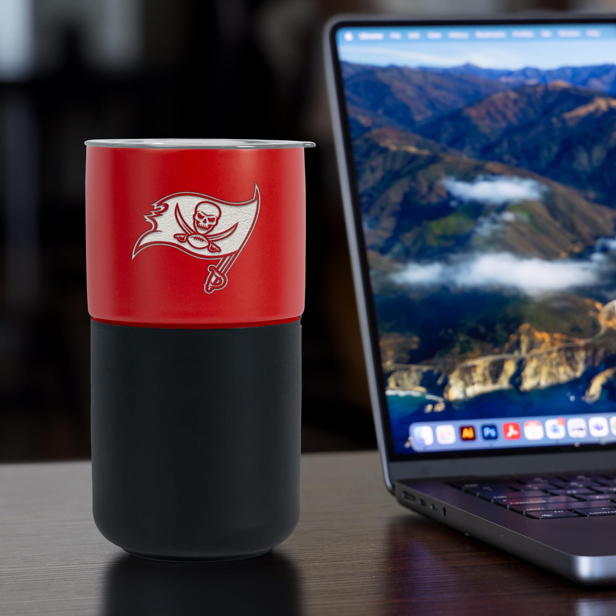 Rico Industries NFL Tampa Bay Buccaneers 16oz Red Ceramic Tumbler with Black Silicone Grip, Deep Laser Engraved Logo, Travel Coffee Mug with Slide Lid, Matte Glaze