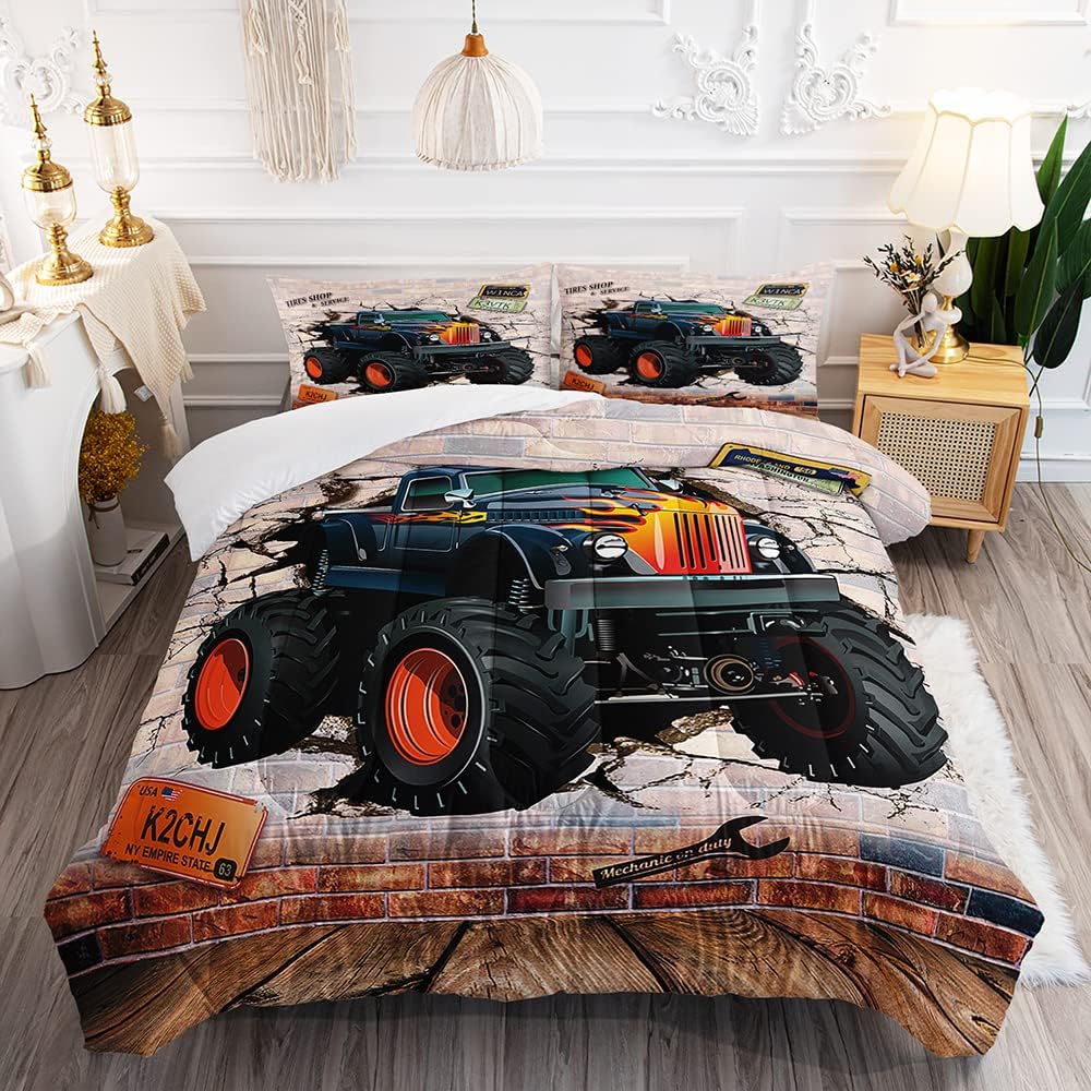 DYcolor 3D Enormous Wheels Off Road Truck Printed Quilt, 3-Piece Break Through The Wall Quilted Comforter Set with 1 Comforter and 2 Pillow Cases for Kids, Teens, Boys (Twin, 01)