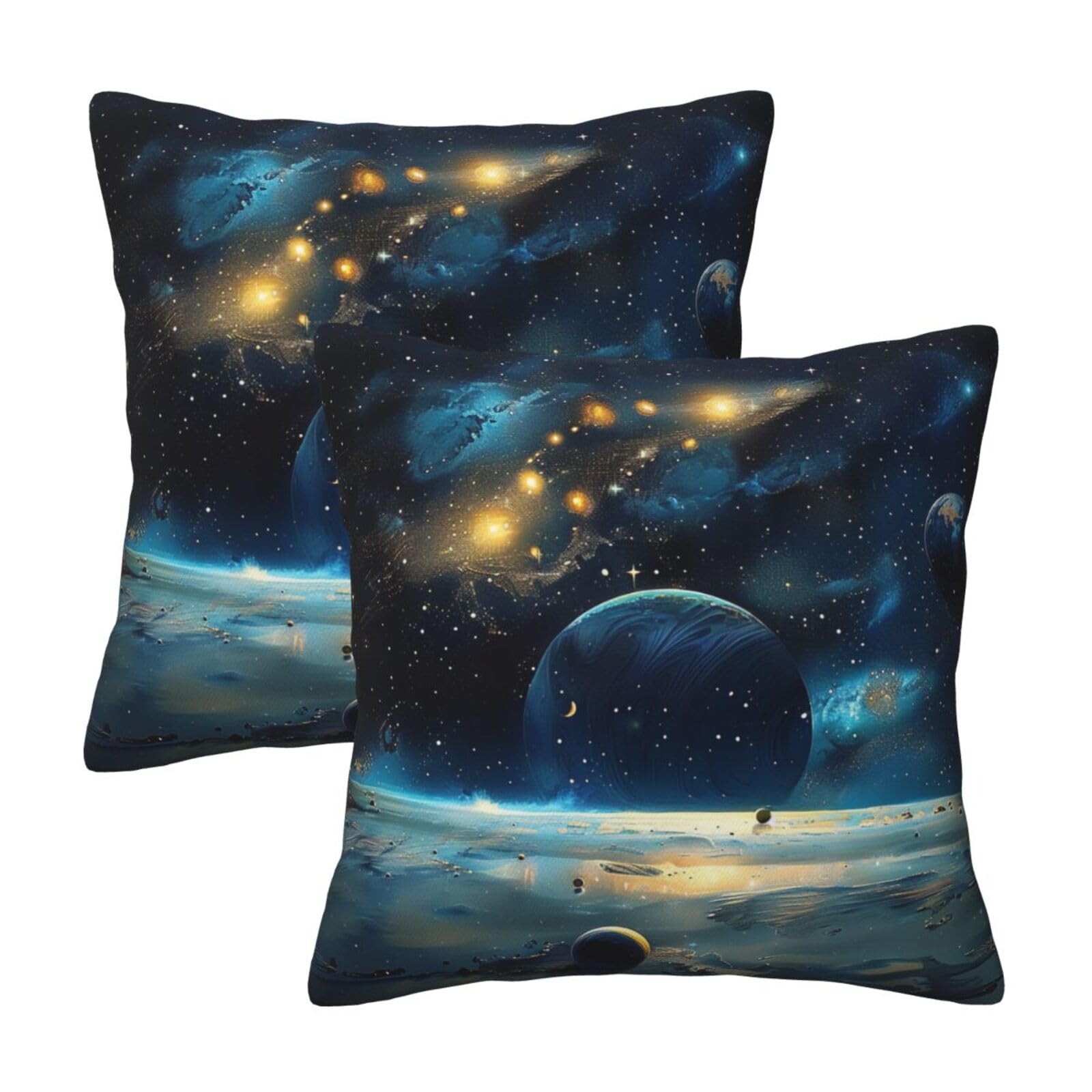 Aubkfeld Moon Stars And Planets Printed Cushion Covers 2Pcs (45X45 Cm) - Decor Pillow Cases For Home - Hidden Zipper Opening