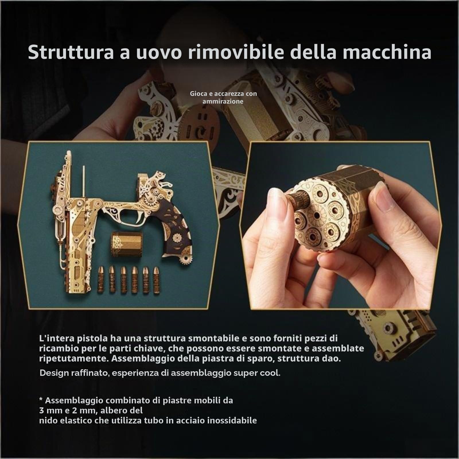 Kit di modellismo meccanico di revolver steampunk, corpo blu giada + accessori tattici + scatola da collezione, set deluxe, giocattolo antistress in legno fai-da-te.